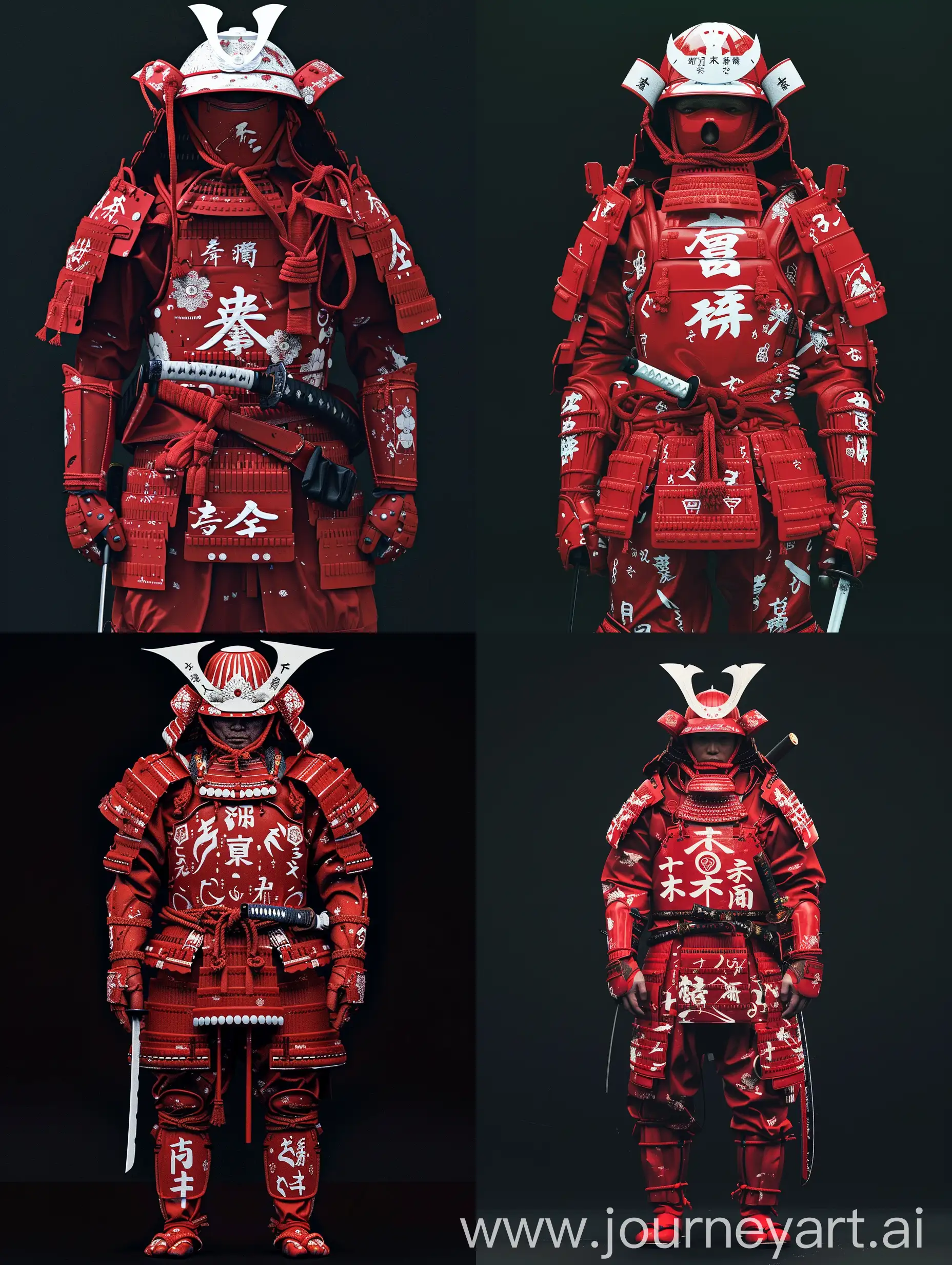 A person wearing an elaborate red samurai armor, adorned with white Japanese characters and symbols, stands against a solid black background. The armor includes a helmet with a prominent white crest, intricate shoulder guards, a chest plate, and arm and leg protectors. The individual carries a sheathed sword at their side and a smaller dagger at their waist. The overall look is detailed and traditional, exuding a sense of historical Japanese warrior culture.