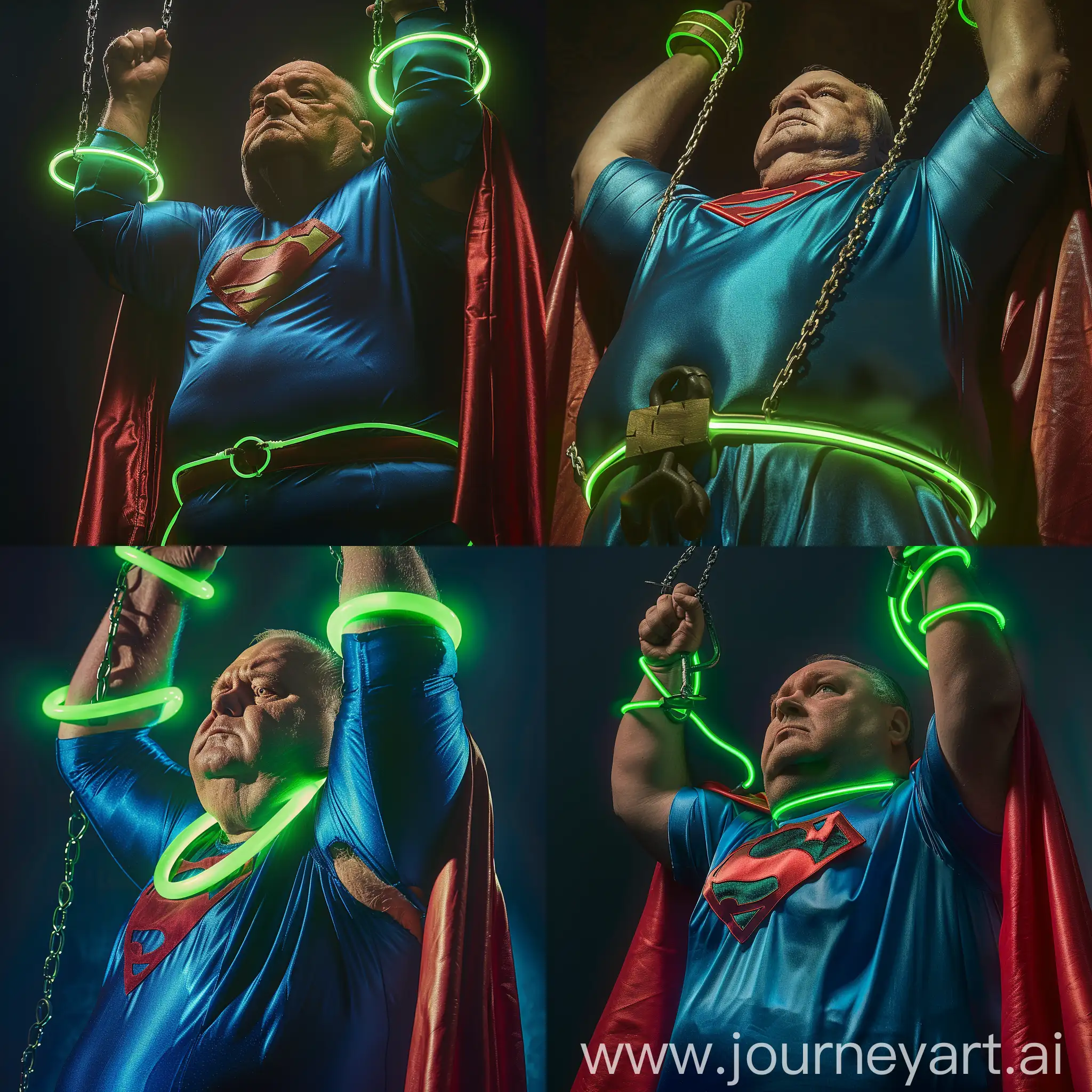 Anxious-Fat-Man-Suspended-by-Neon-Green-Shackles-in-Superman-Costume
