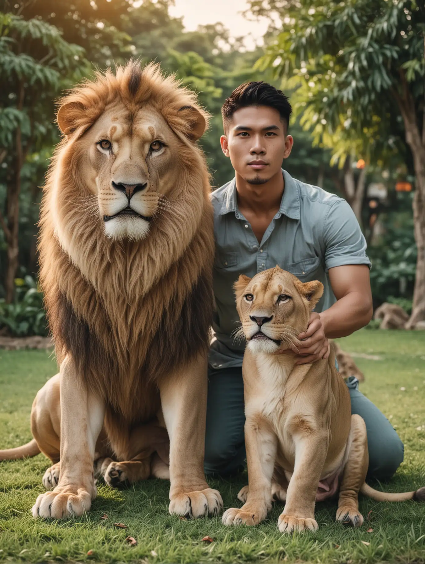 Photo of a Thai handsome guy posing with his pet male lion on outdoor lawn, soft light style, cinematic style, surreal style portrait photo, high resolution, natural color grading, no contrast, clean and clear focus.
