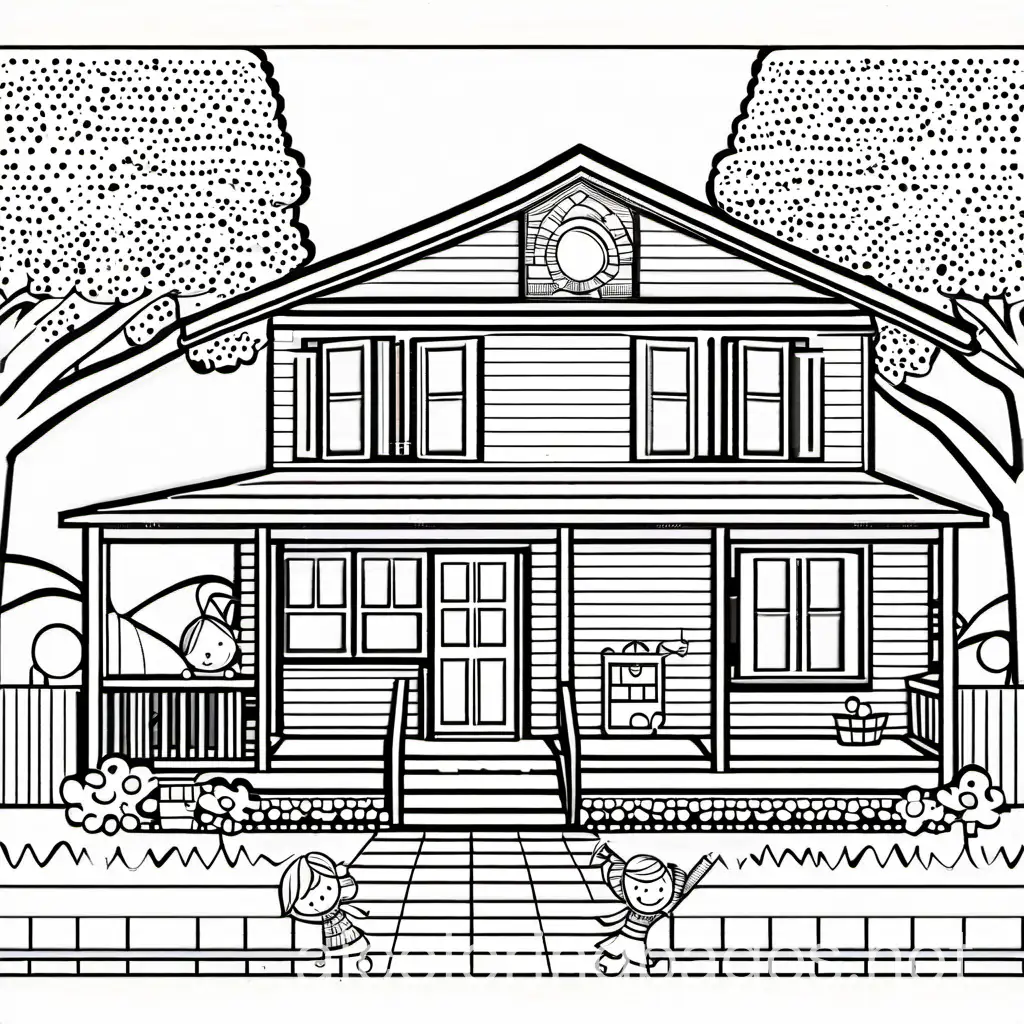 Emily's House with kids outside playing

, Coloring Page, black and white, line art, white background, Simplicity, Ample White Space. The background of the coloring page is plain white to make it easy for young children to color within the lines. The outlines of all the subjects are easy to distinguish, making it simple for kids to color without too much difficulty