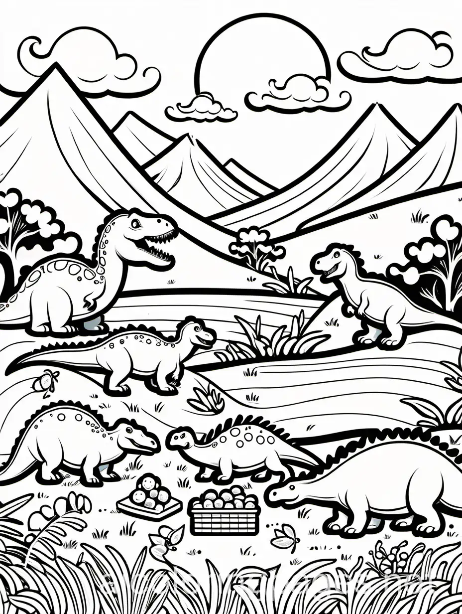 cute cartoon group of dinosaurs having a picnic in a sunny meadow




, Coloring Page, black and white, line art, white background, Simplicity, Ample White Space. The background of the coloring page is plain white to make it easy for young children to color within the lines. The outlines of all the subjects are easy to distinguish, making it simple for kids to color without too much difficulty