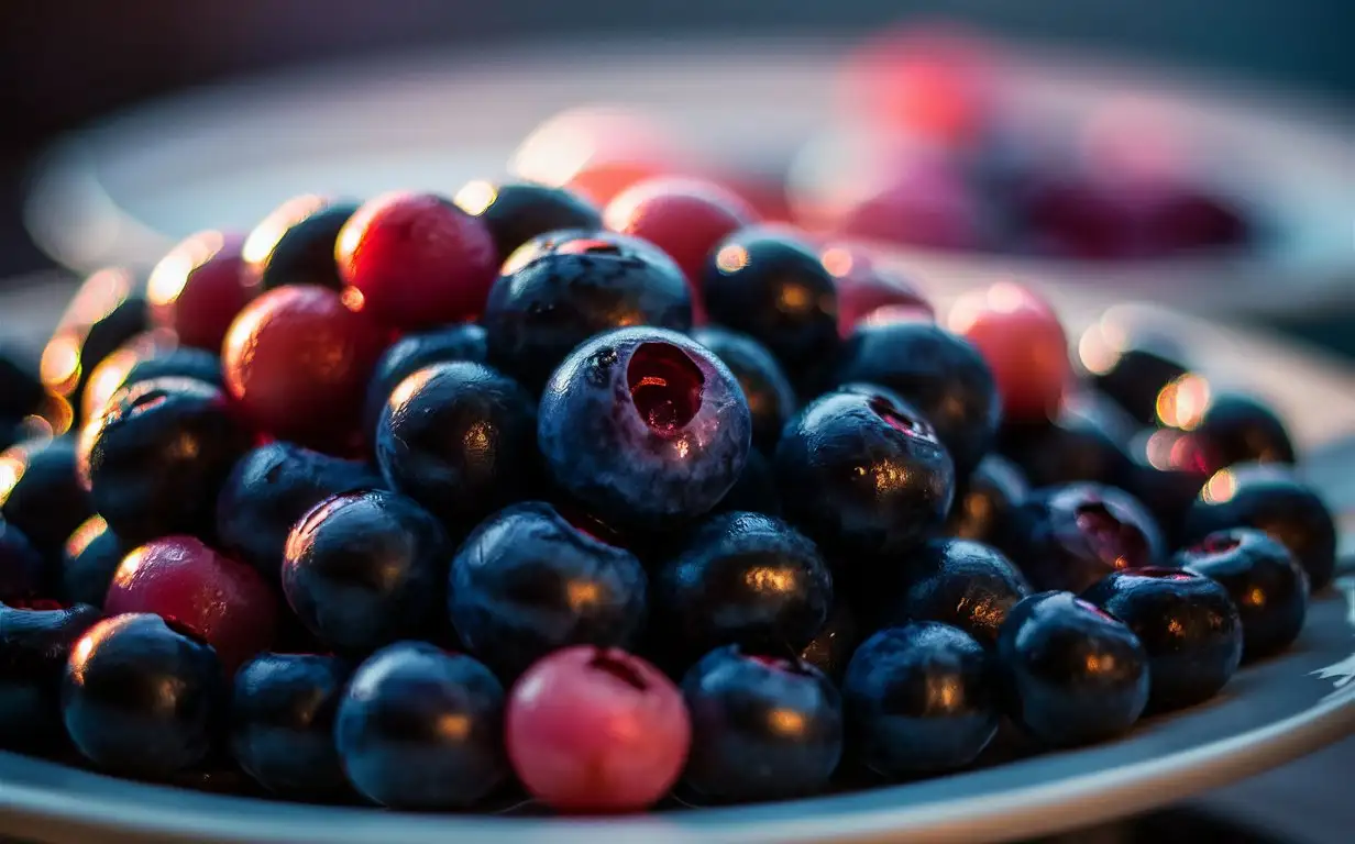 A platter of fresh clammy blueberries, moist, pink, soft, shiny, a food photography, Michelin star, mouthwatering and enticing presentation, Golden hour, shallow depth of field, Very real colors and comfortable light