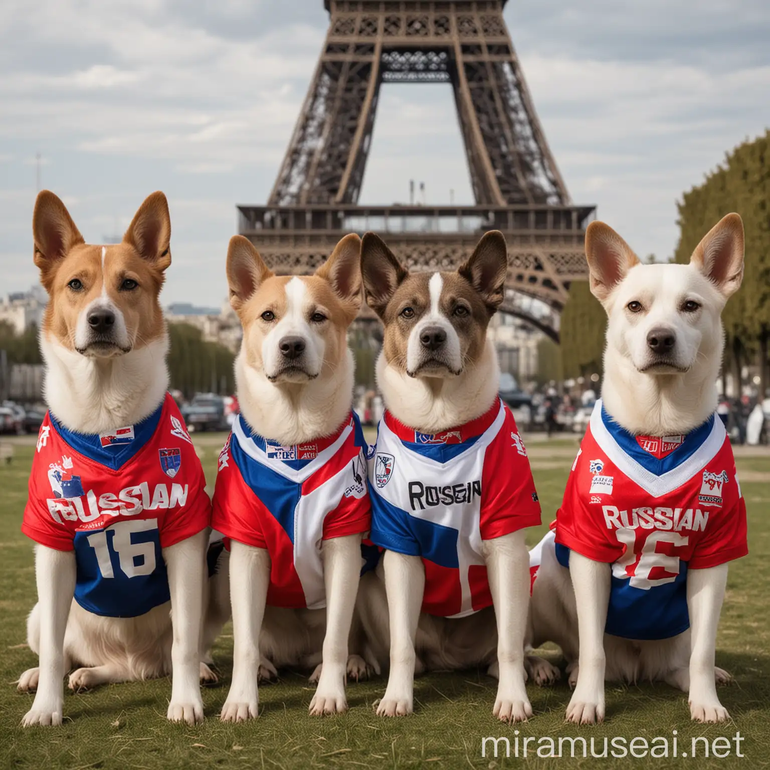 a group of dogs wearing jerseys with the russian flag,eiffel tower as backgound

