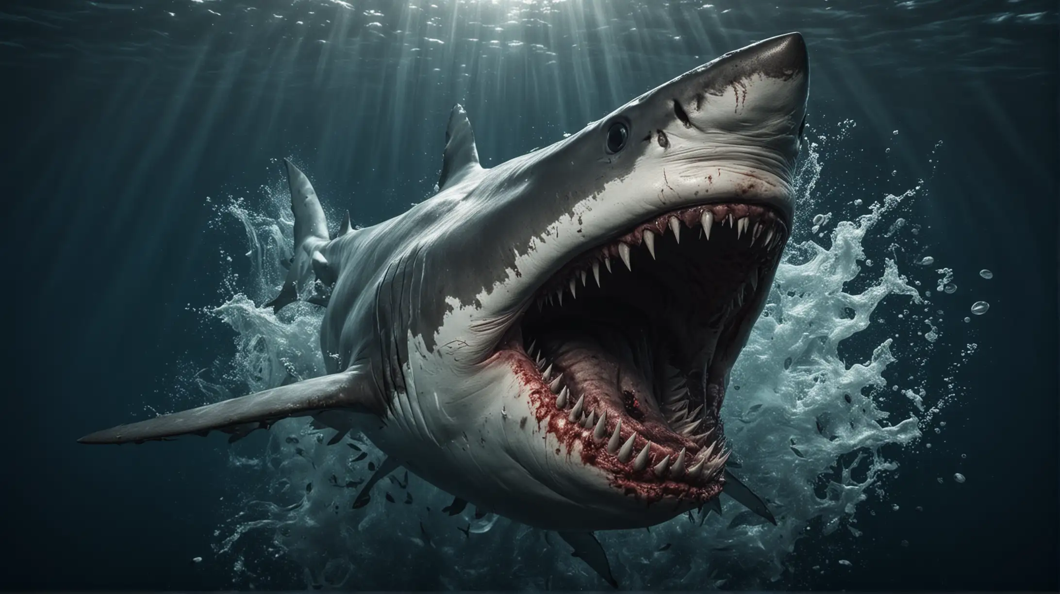 Menacing Great White Shark with RazorSharp Teeth in Deep Blue Ocean