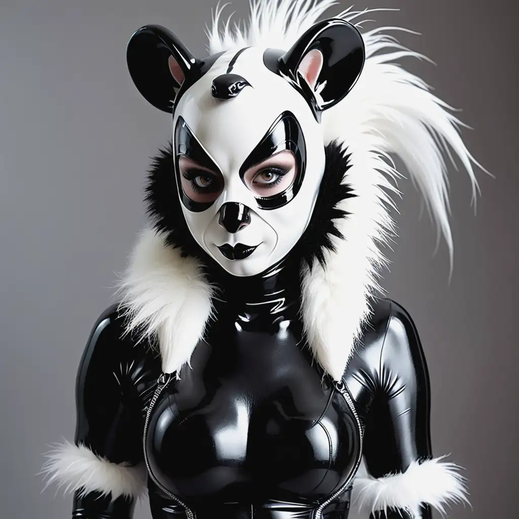 Латексная девушка фурри скунс с черно белой латексной кожей в резиновой маске скунса вместо лица