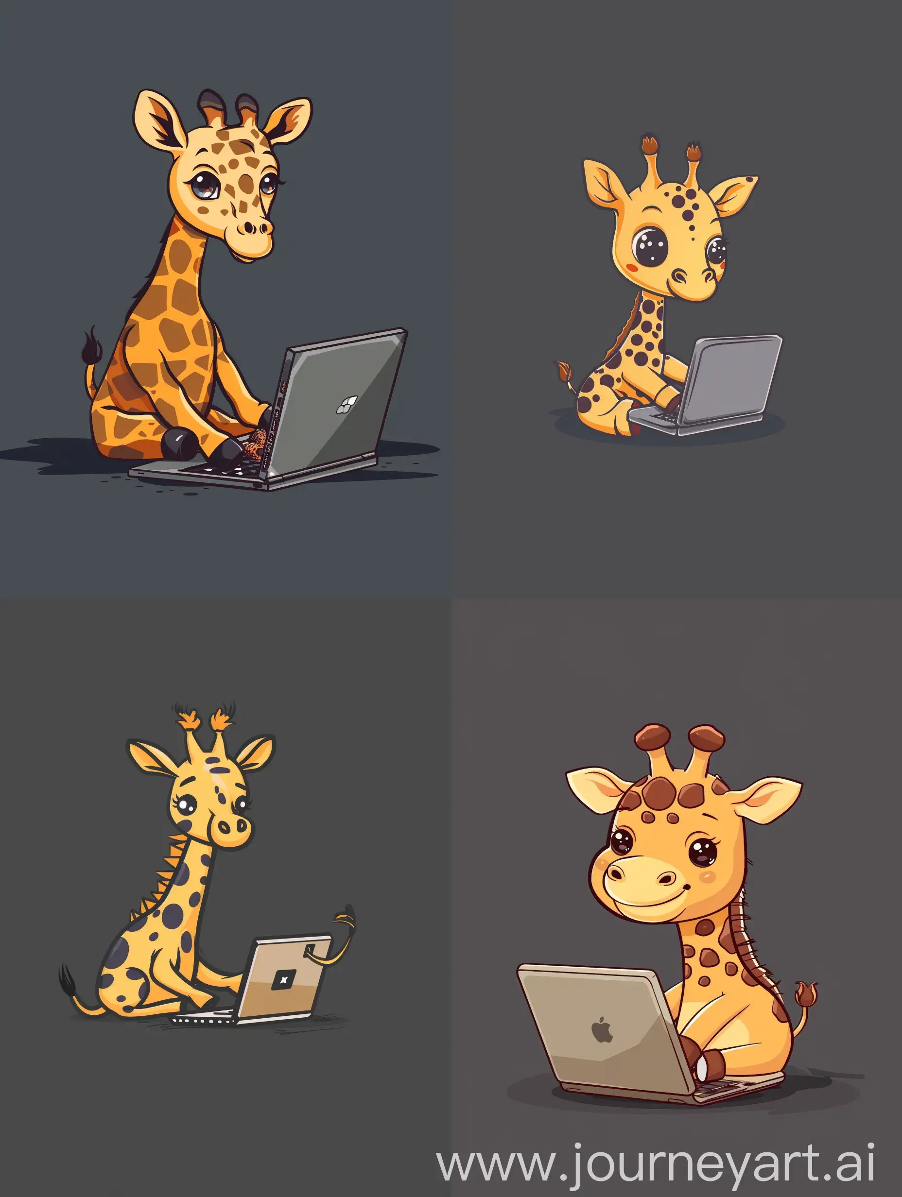 thin line style chibi cute giraffe playing laptop, with solid dark grey background, small object and center concentrated image, far view point