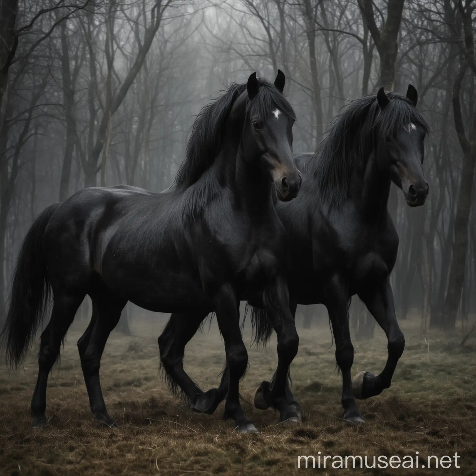 Majestic Black Horses Galloping Through Moonlit Forest