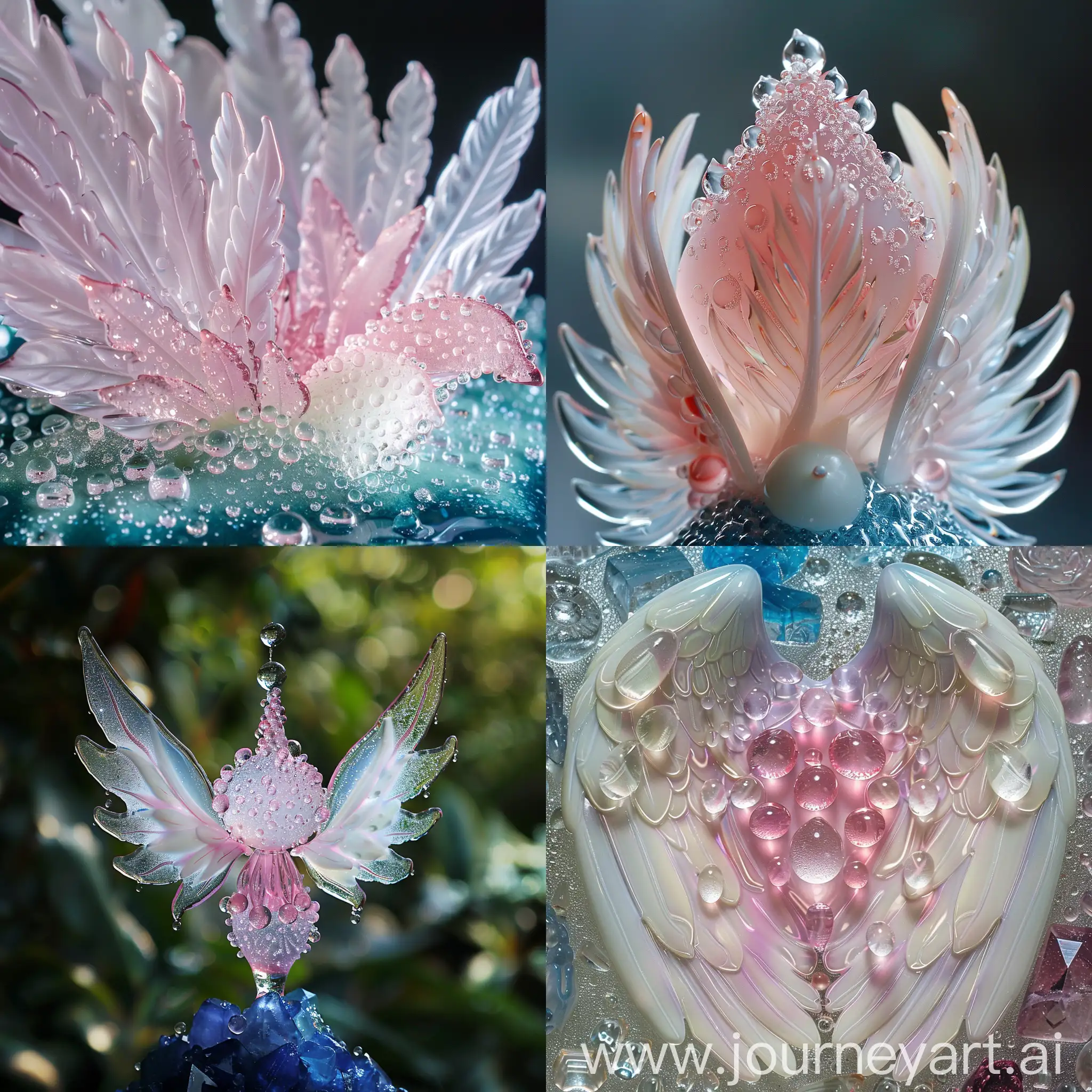 pink dew drops, glass material, with biblically accurate white-feathered angel wings, blue quarts glass material