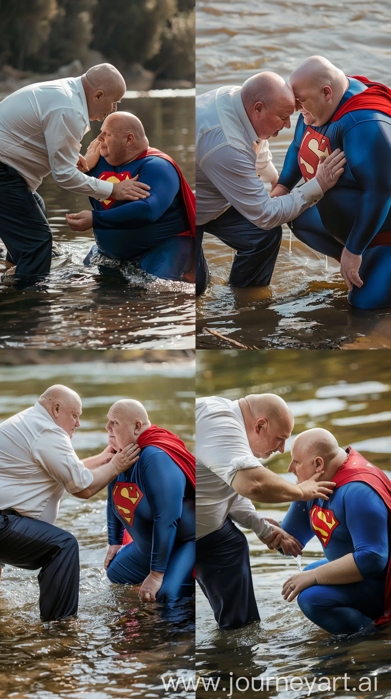 Two-Elderly-Men-One-in-Navy-Business-Attire-One-in-Superman-Costume-by-the-River