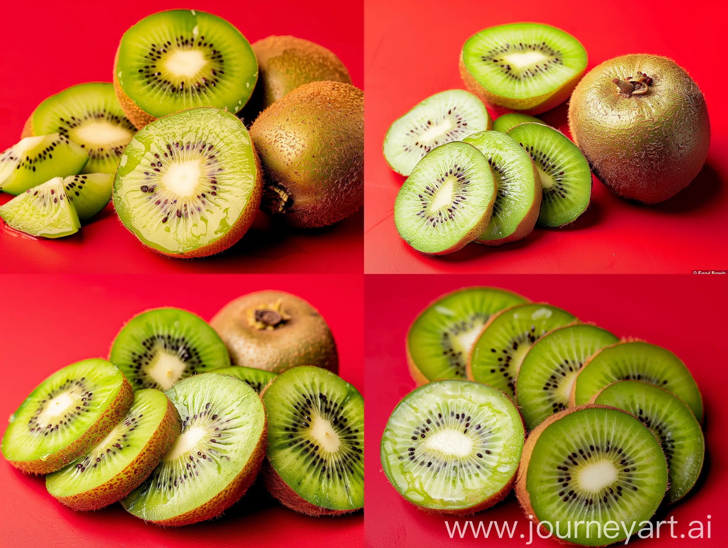 Real photo of kiwis with sliced pieces on red background