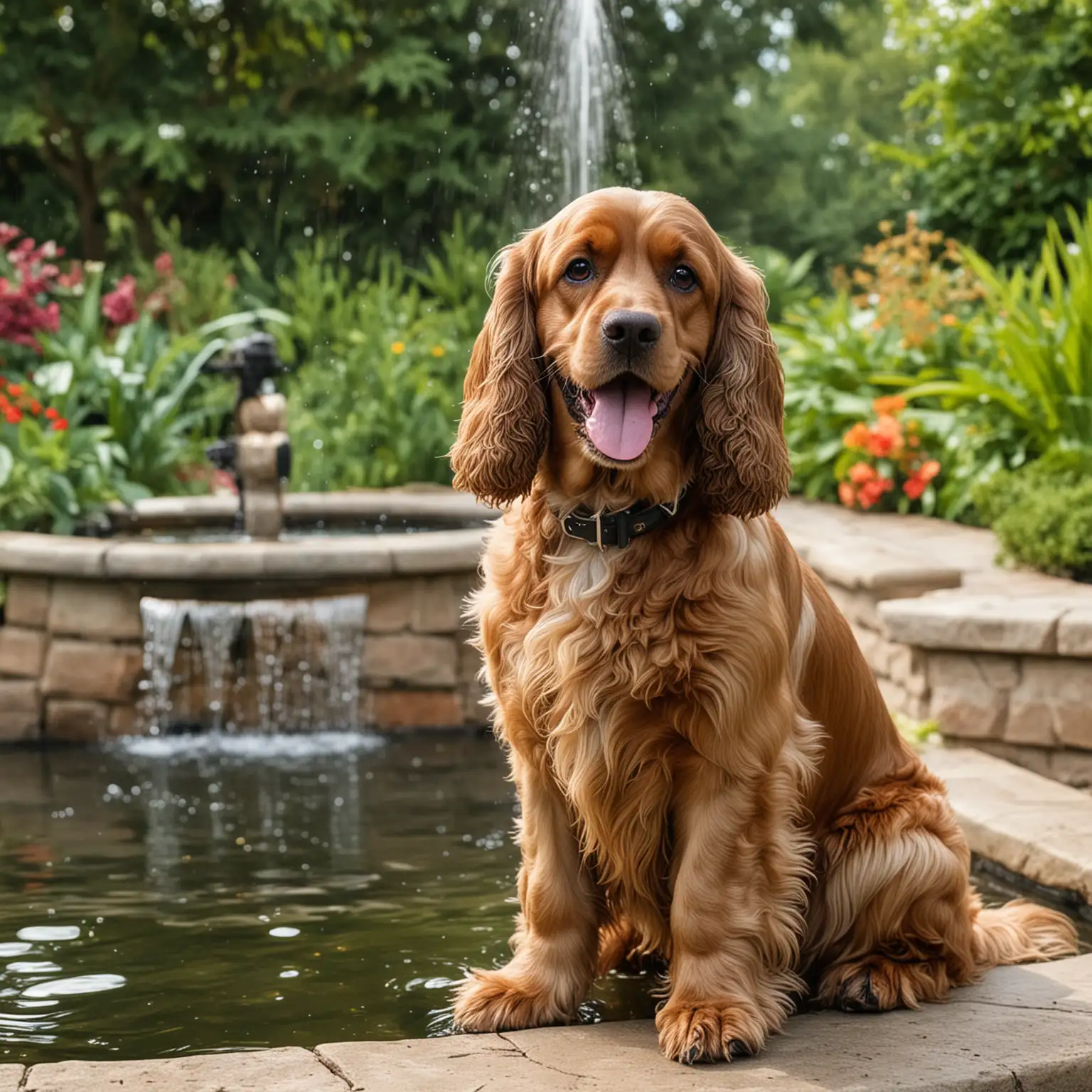 image of a beautifully groomed English Cocker Spaniel sitting infront of a beautiful backyard fountain-fish pond, have the dog smiling and happy, have the dog smiling with his tongue out, do not have the dog in the pond, but on the side of it