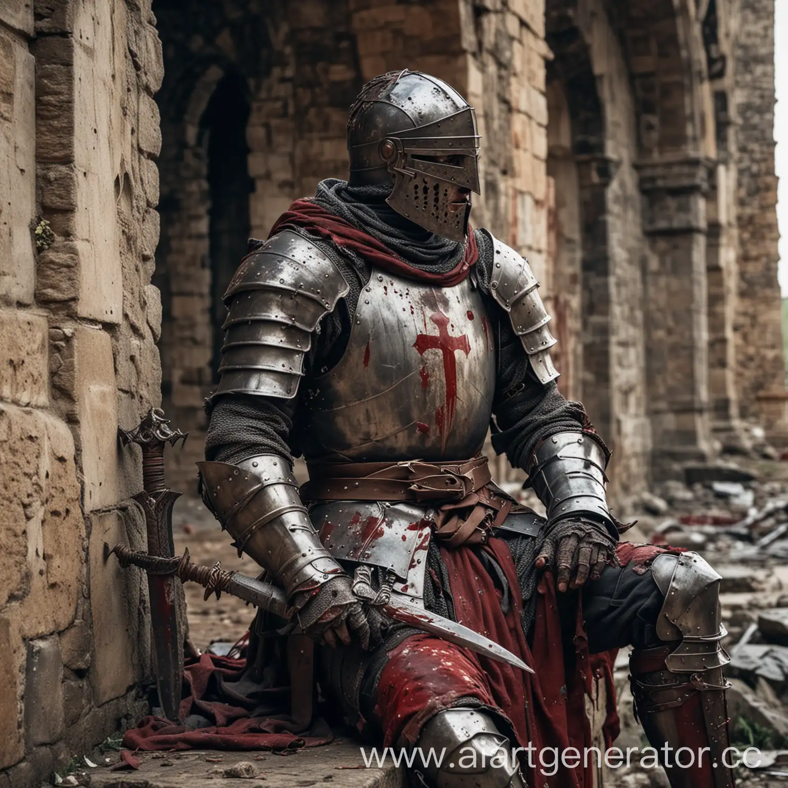 A male knight of the Middle Ages, in battered armor that is covered in blood, with a broken sword in his hand, sits at a dilapidated castle, Leaning against its wall, wearing a helmet