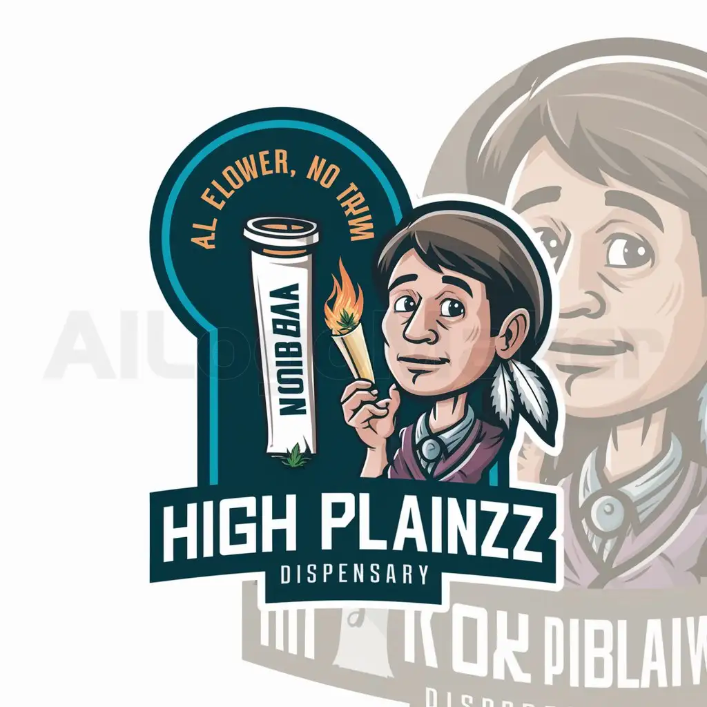 a logo design,with the text "High Plainz Dispensary", main symbol:need logo for cannabis pre roll tubes saying all flower no trim on the design add a native Sioux native young man cartoon add a Buring pre roll blunt,Moderate,clear background