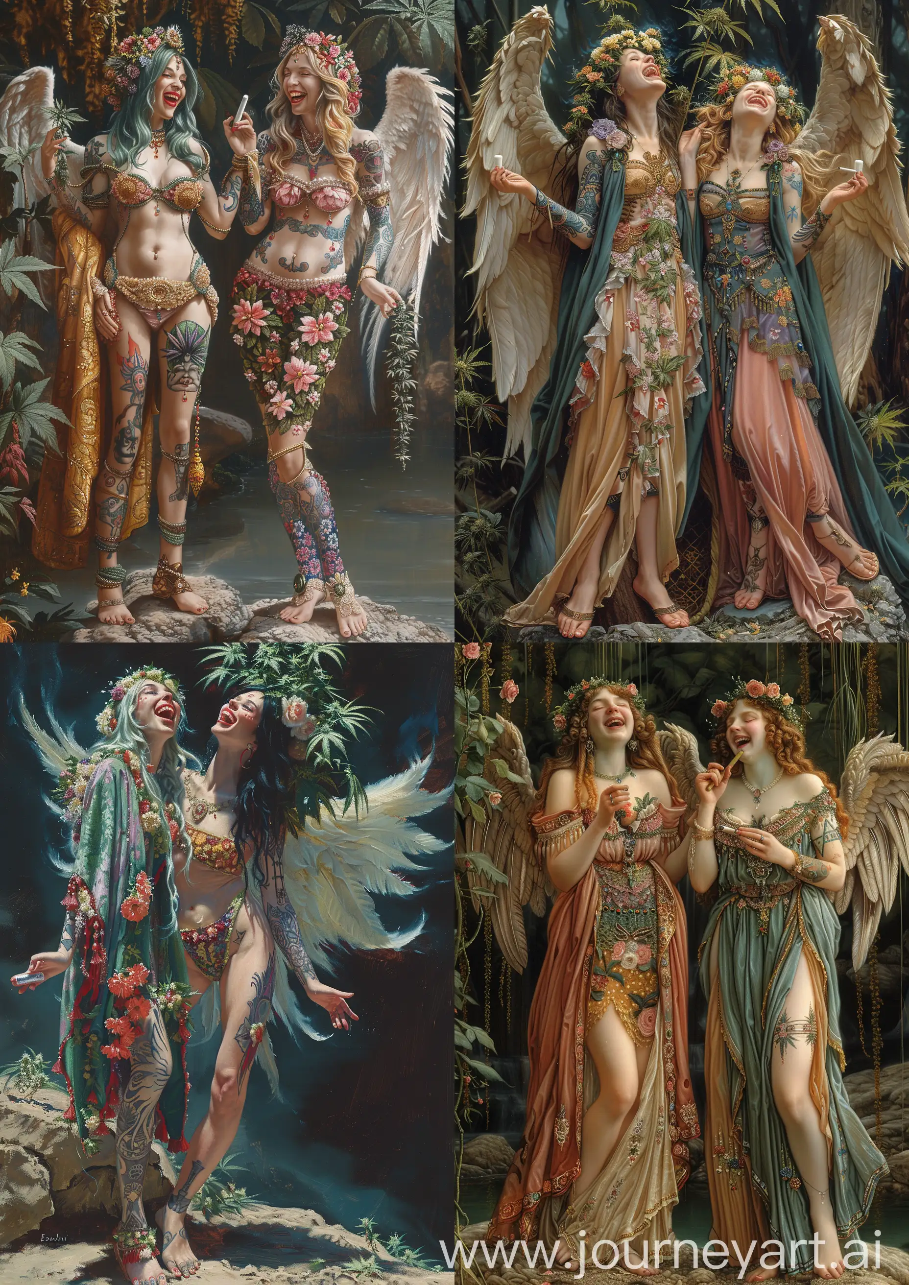 Edward Burne-Jones oil painting of 2 tattooed female angel warriors standing next to a weed tree, high on weed and laughing so high, wearing colorful dress ornate in flowers, silk and robes, holding a weed joint, standing on a rock, high tones, cinematic pose, psychedelic background, high detailed, full body —c 22 —s 750 —v 6.0 —ar 5:7