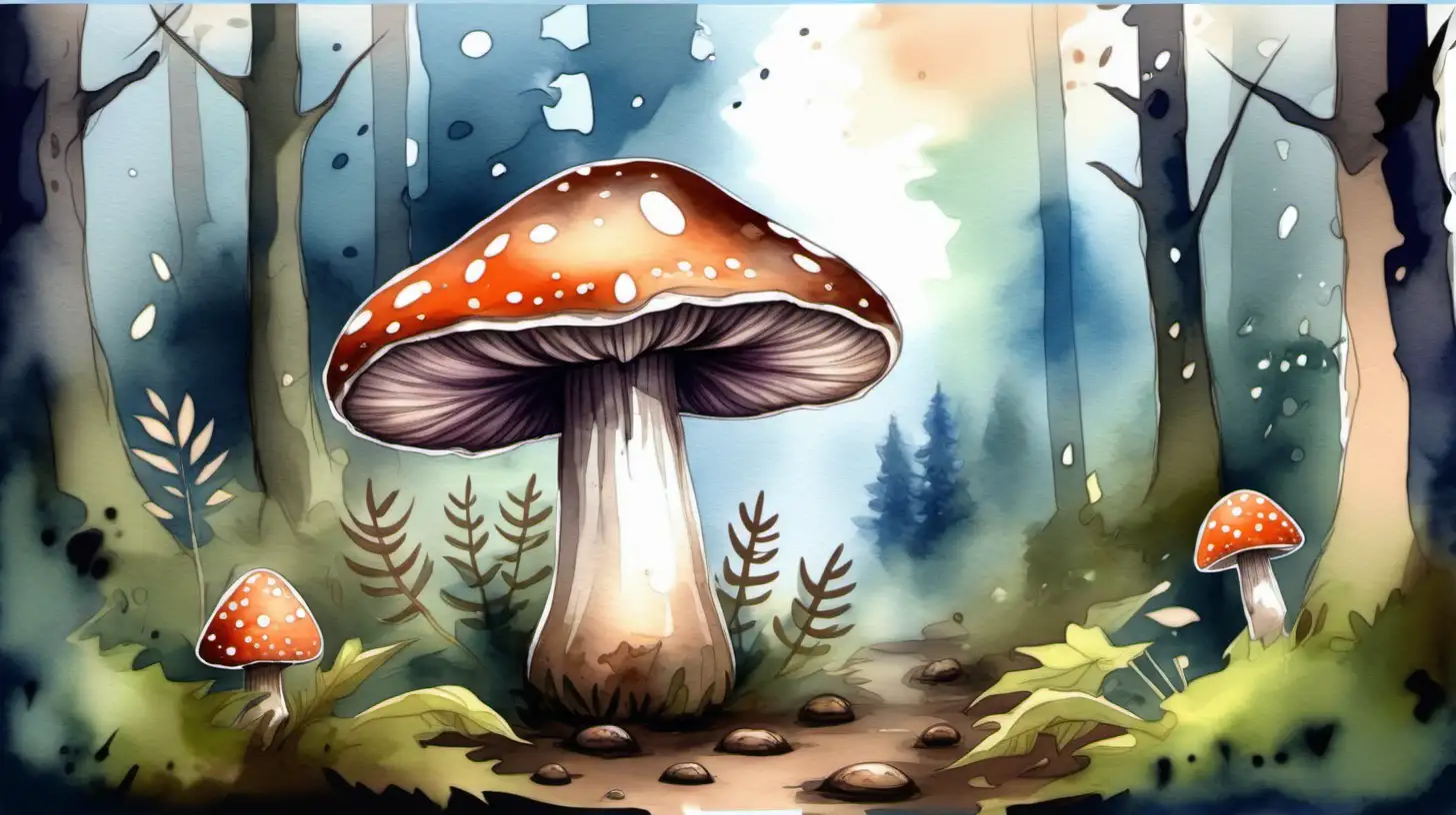 generate a pinting in watercolor style about a mushroom in the forest