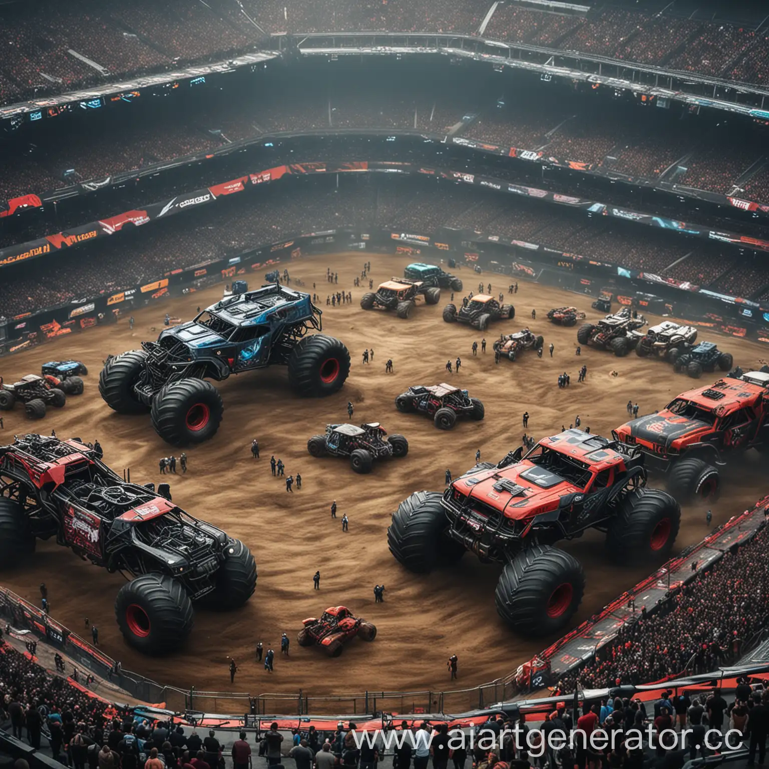 huge field with millions of spectators, cyberpunk theme, huge arena for monster trucks