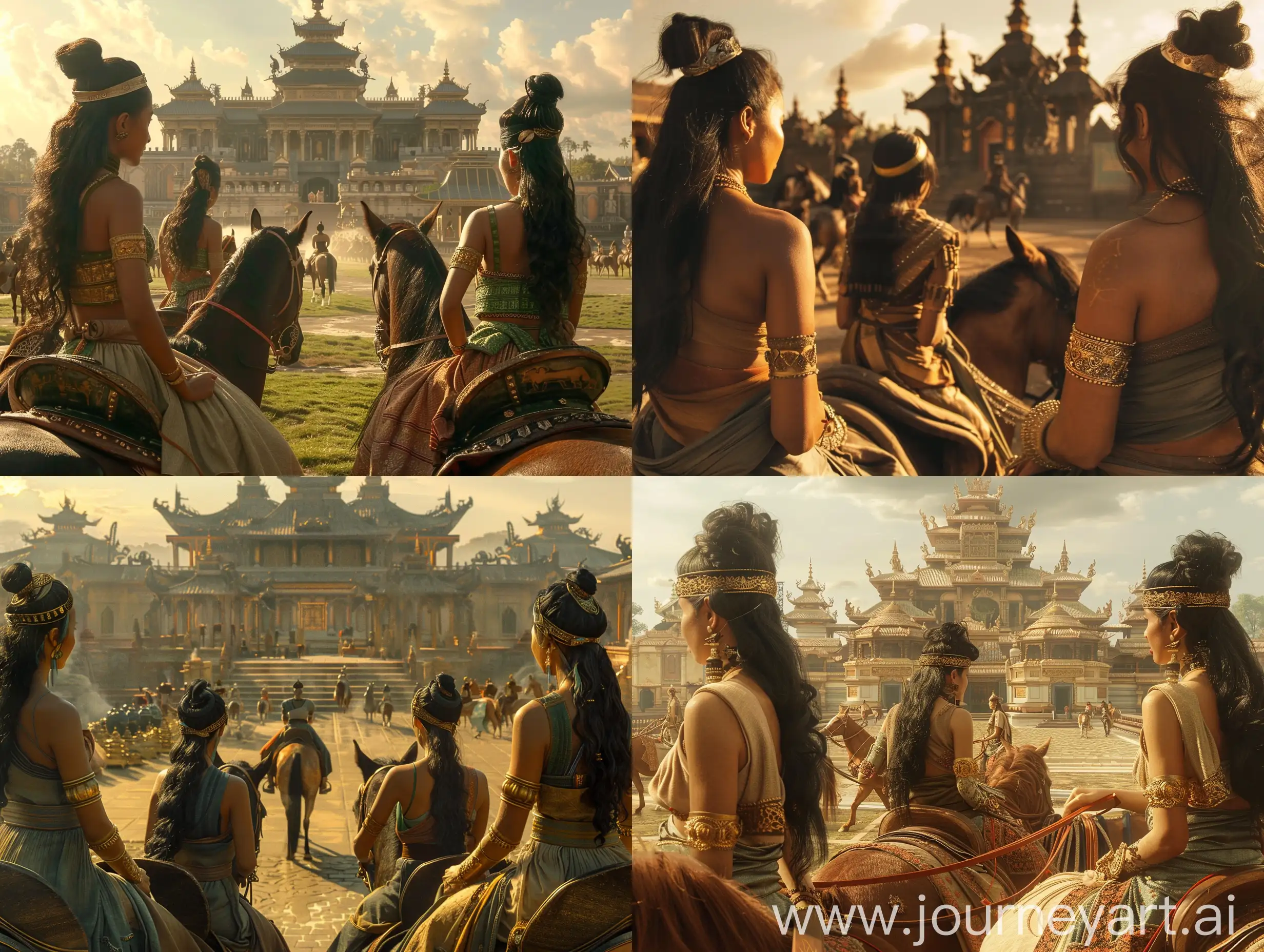 Cinematic panorama of the Majapahit Kingdom in the afternoon, 3 women with long black hair, hair tied in a bun, wearing headbands, wearing dresses and gold jewelry on their arms, sitting on horses around the royal palace.. --v 6 --ar 16:9