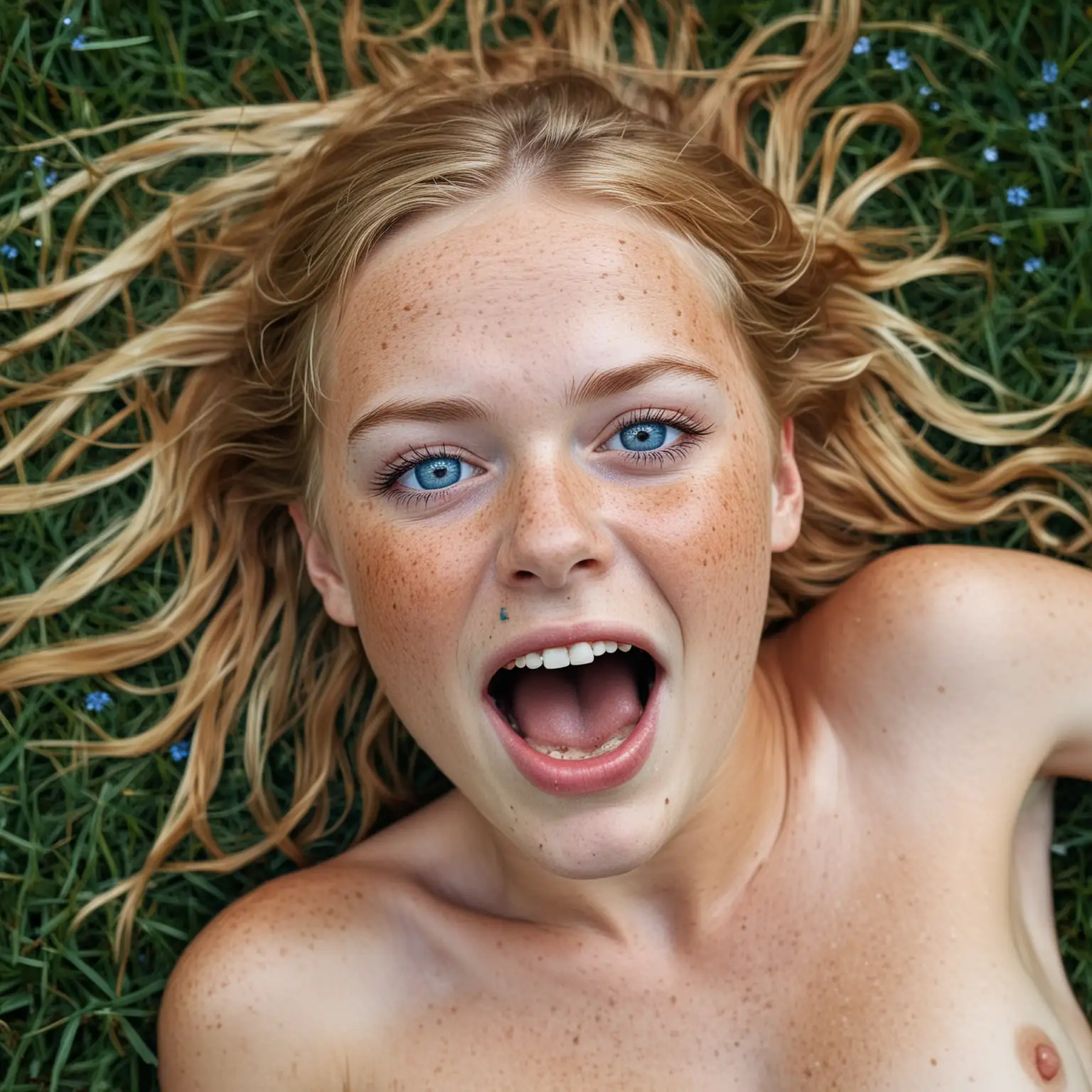 naked freckle face blonde blue-eyed girl laying on back in grass look of terror on her face mouth open
