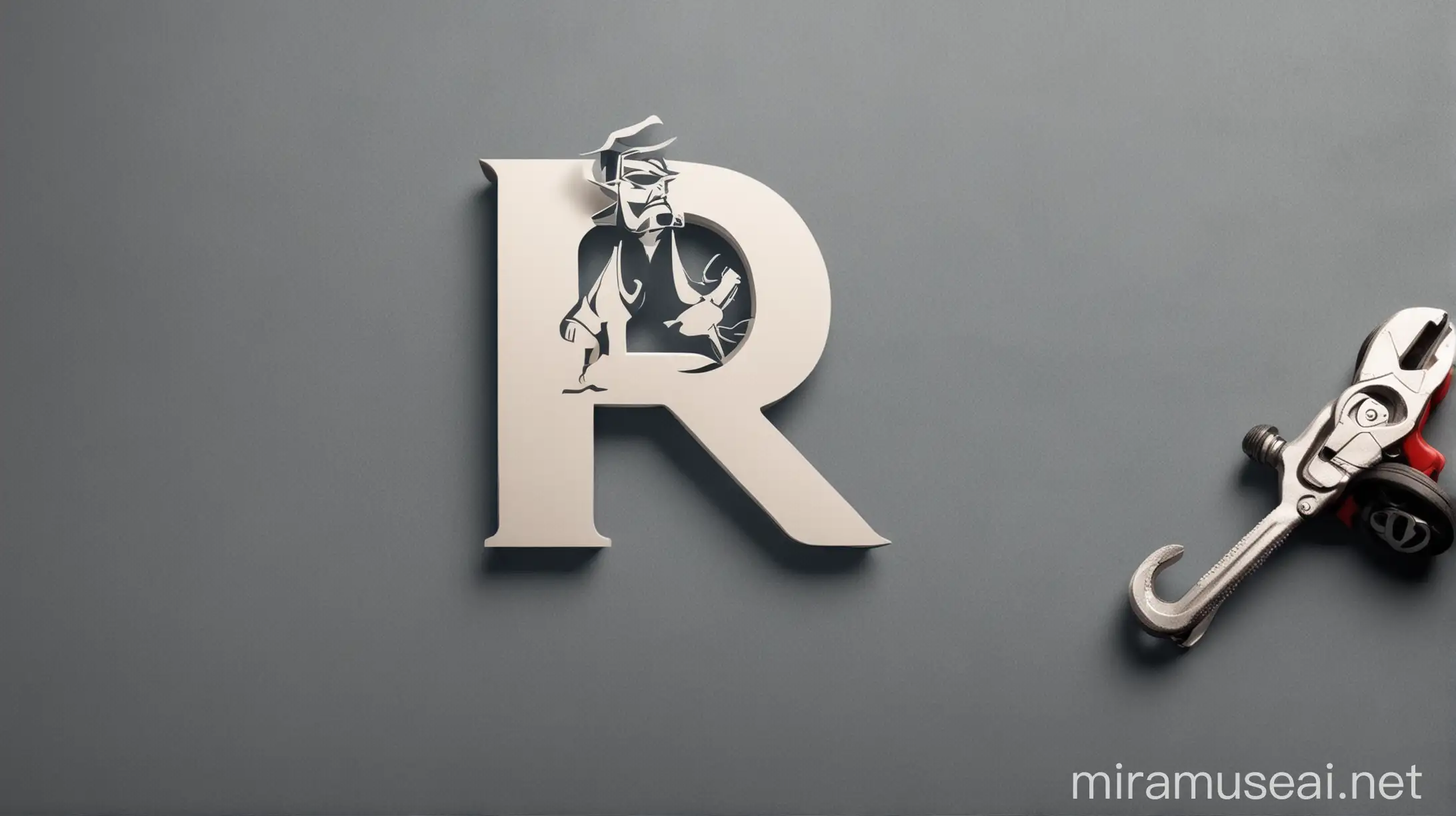 قم بتصميم شعار يحتوي على حرف R بلانجليزي واضف صورة سياره وشخص يحمل مفك براغي