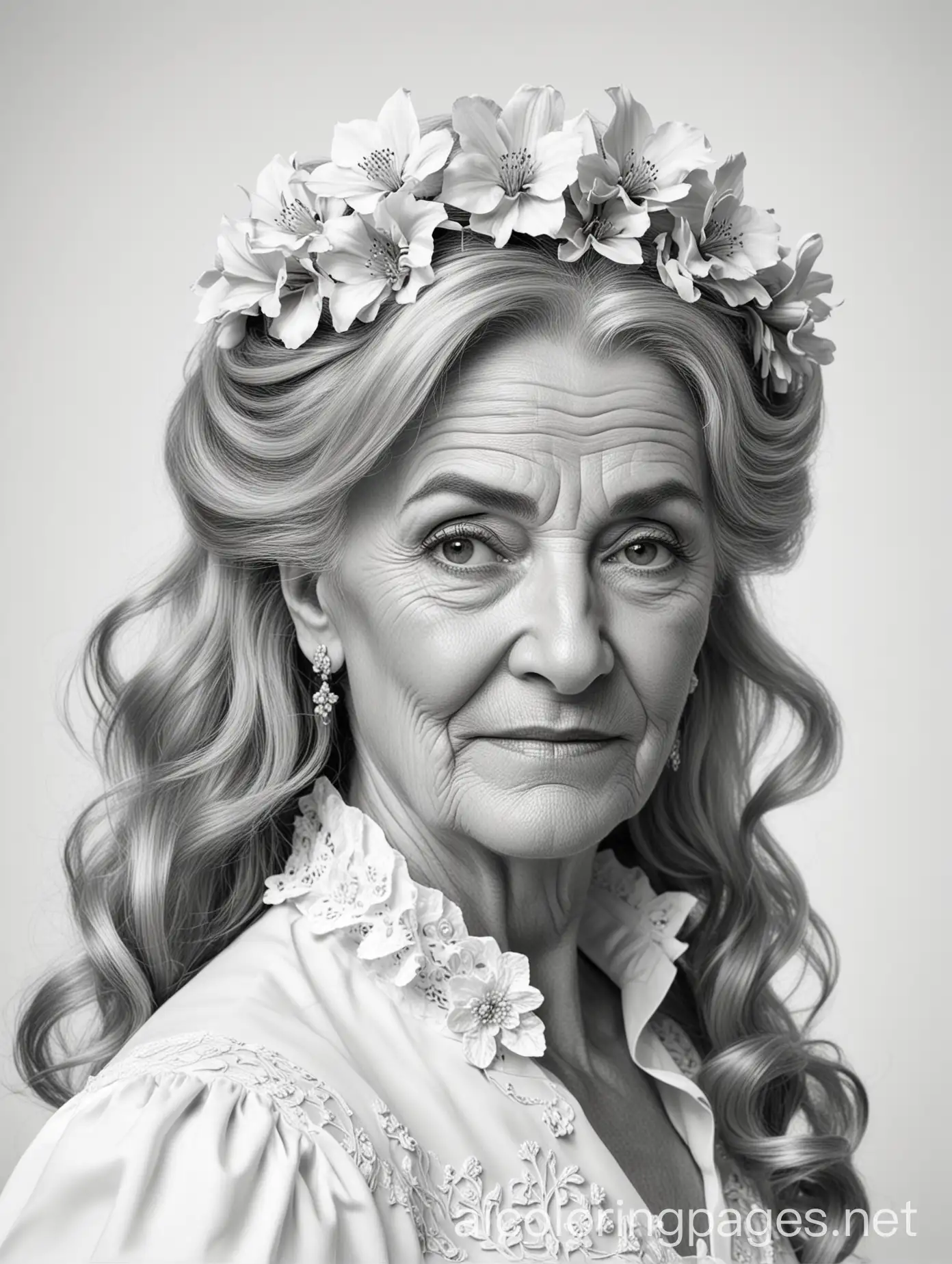 portrait of an older woman in a fancy Bridgerton half up half down hairstyle with long wavey hair and flowers and a fancy dress, Coloring Page, black and white, line art, white background, Simplicity, Ample White Space