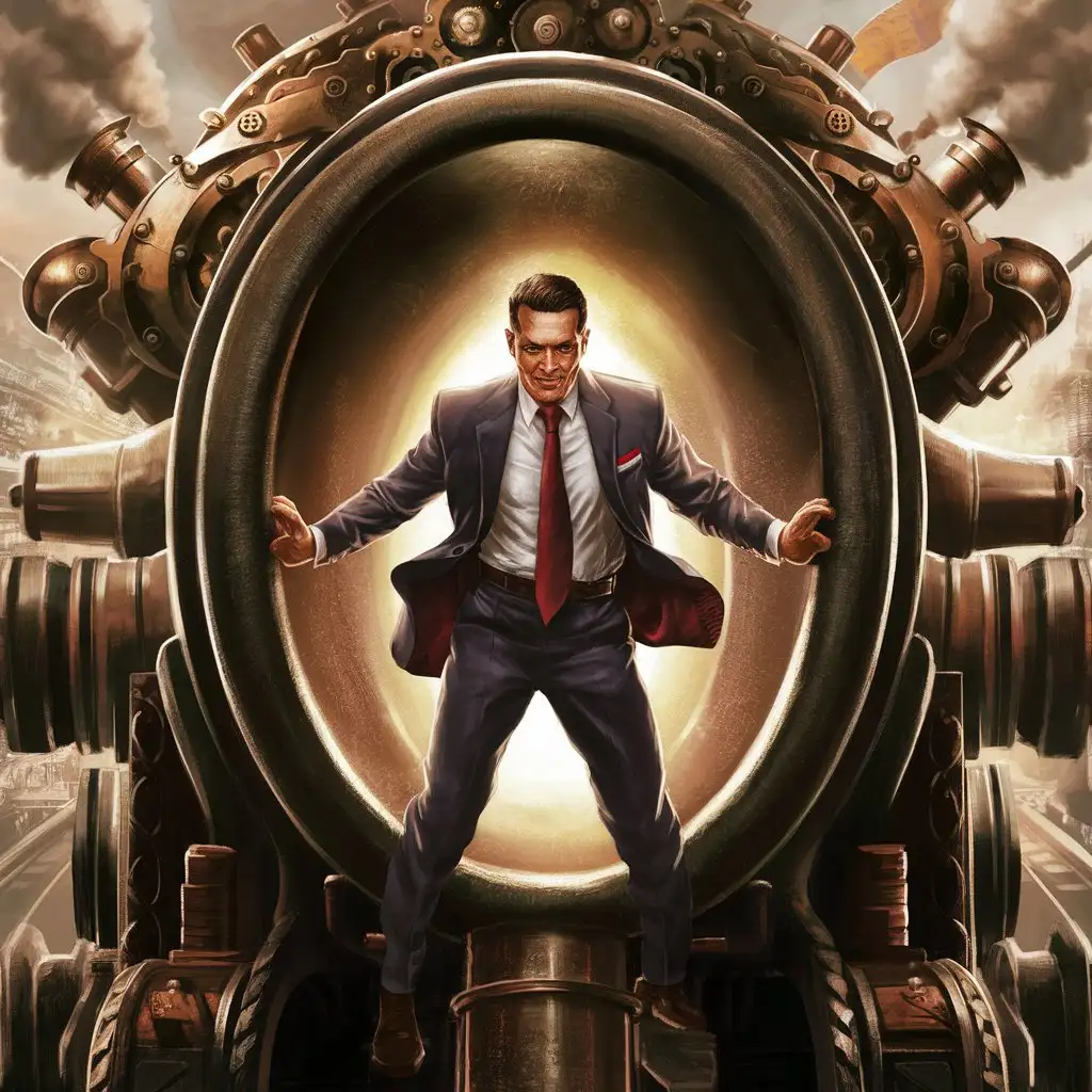 a Puerto Rican man in suit standing in the barrel of a giant gun