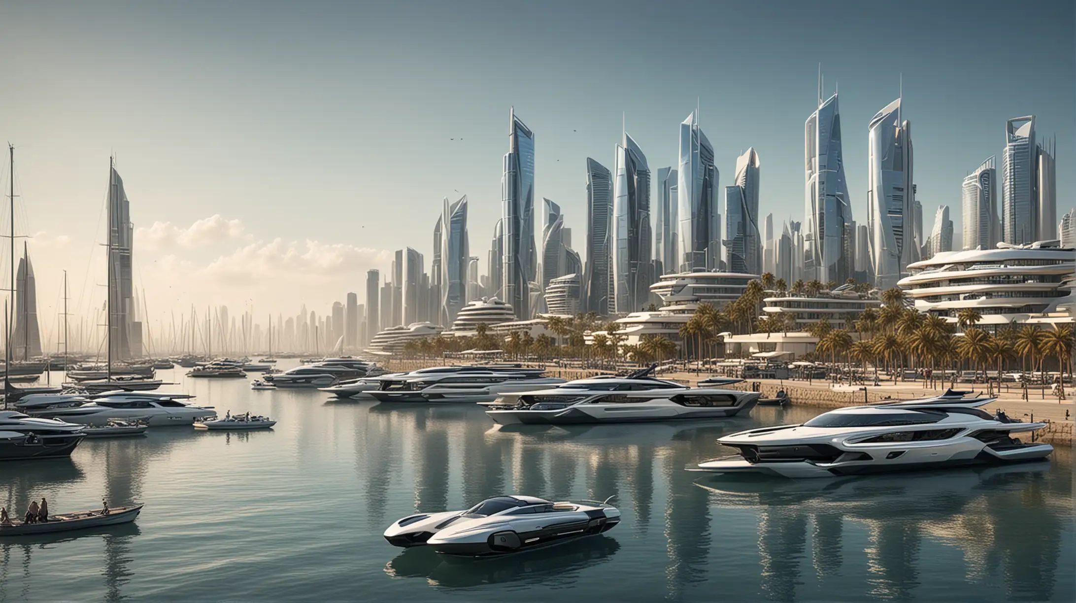 Futuristic Marina Cityscape with Electric Mobility Vehicles and Boats