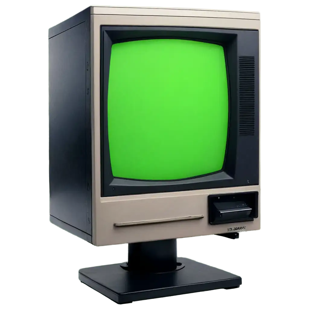 old vintage crt monitor png facing front straight toward viewer with bright green screen