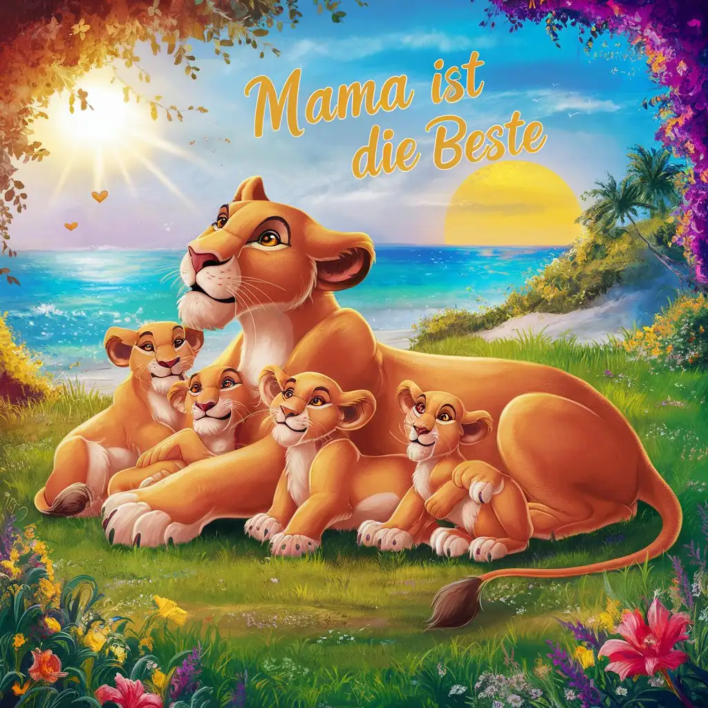 text: ''mama is the best'', lion family with lion mother, flowers, meadow, sun, paradise, lake, 