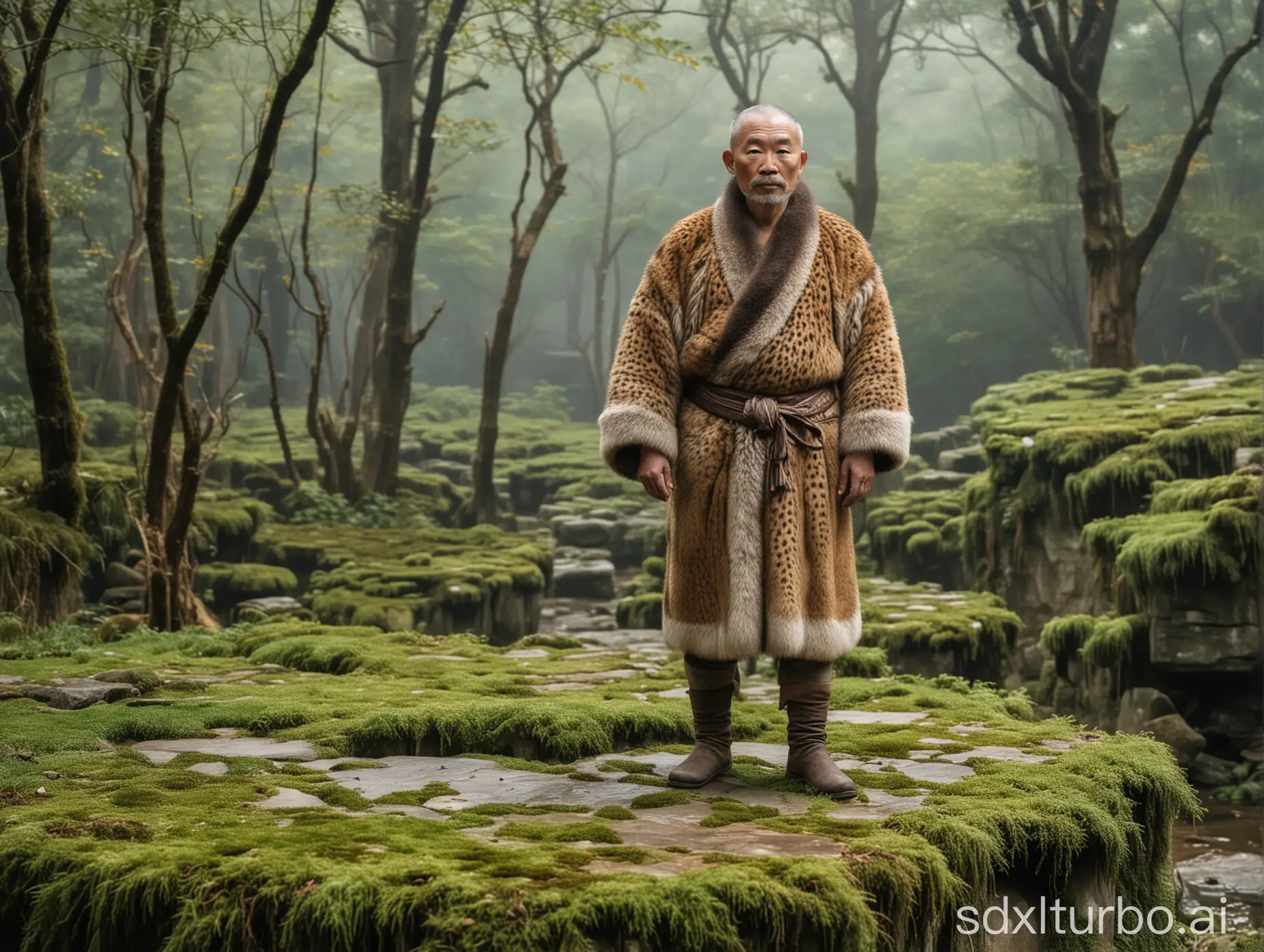 A Chinese ancient middle-aged man wearing animal skins stands on a moss-covered stone platform.