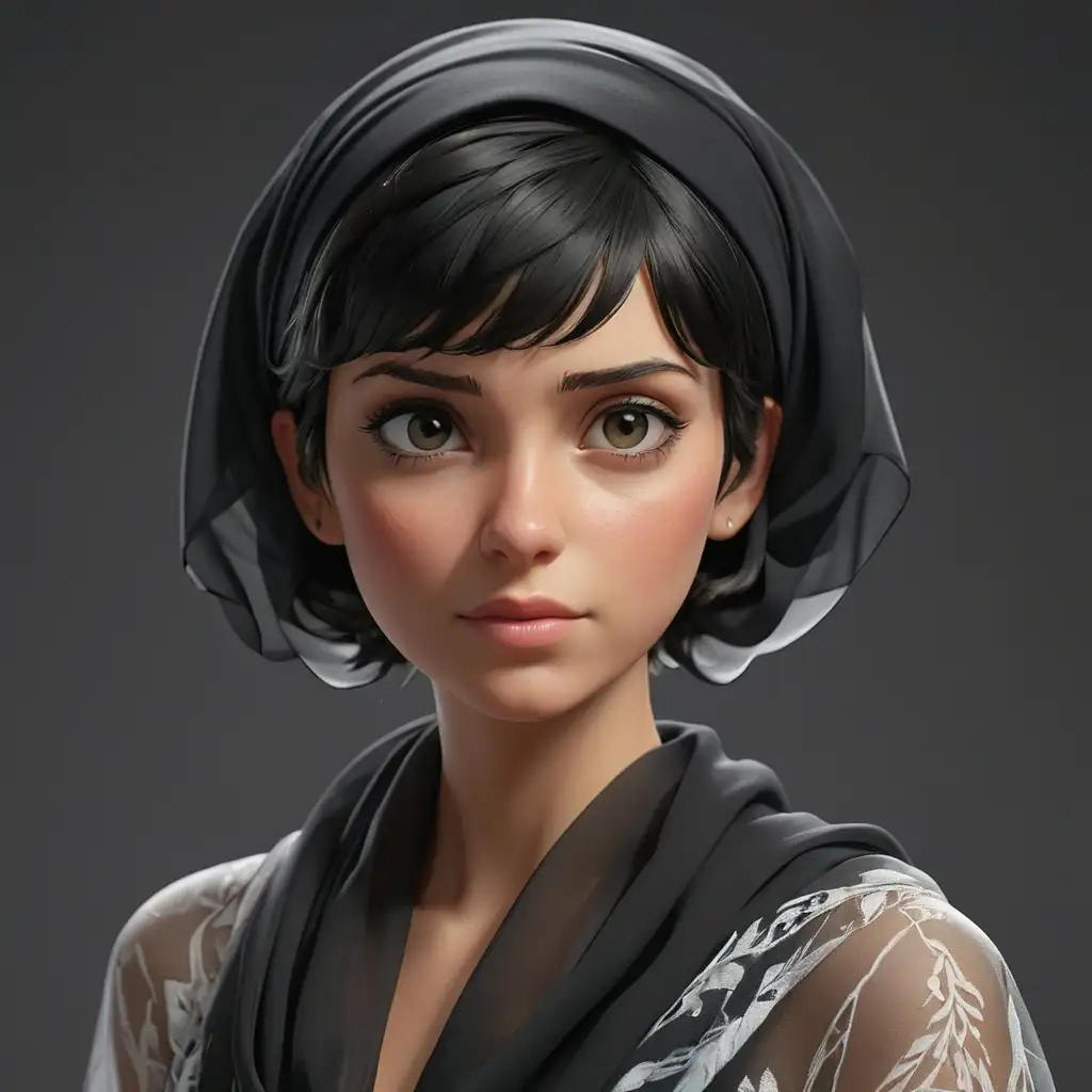 Stylish Woman in Black Shirt and White Shawl with Headscarf Realistic 3D Animation