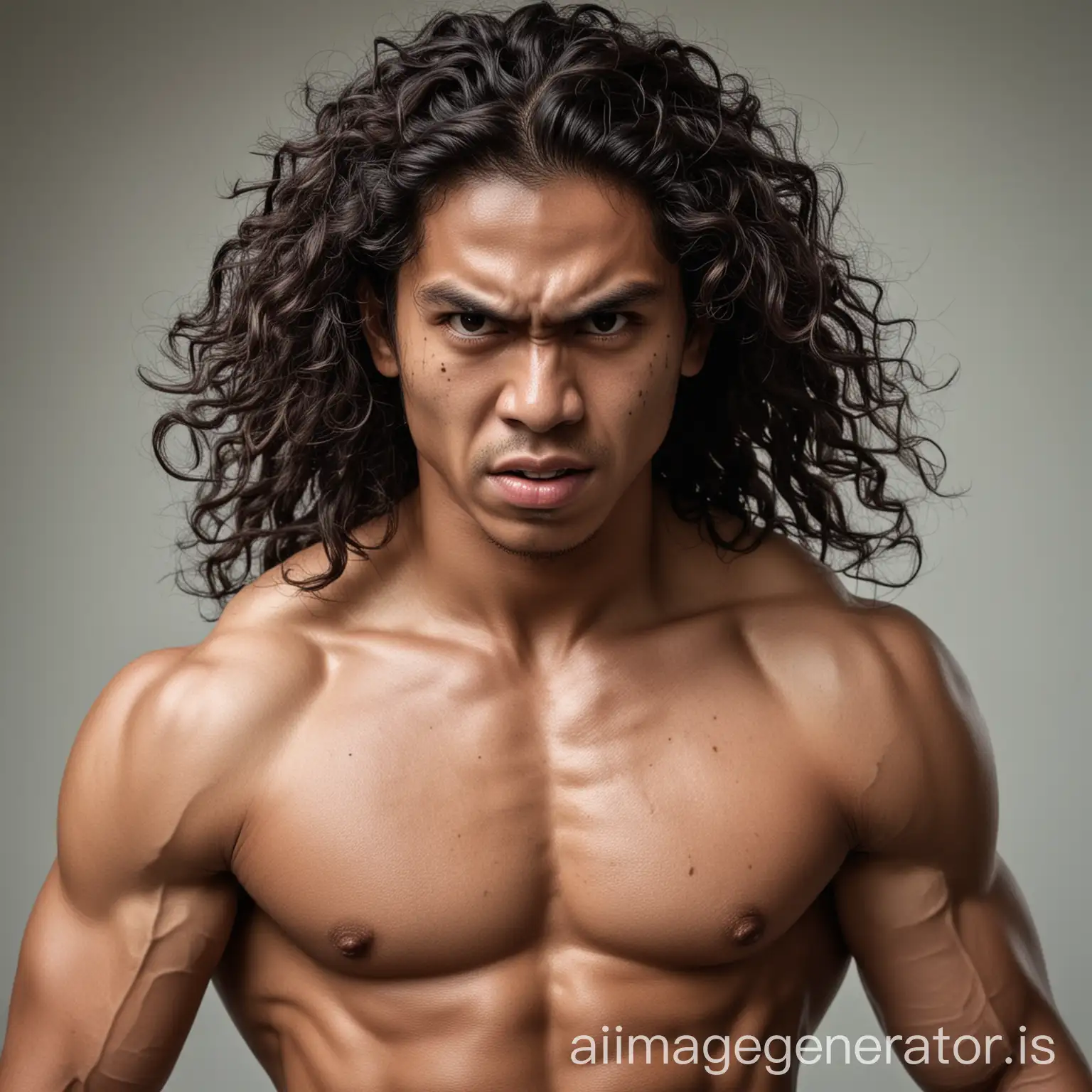 Young Indonesian guy, muscle build, long curly hair, white skin, angry face