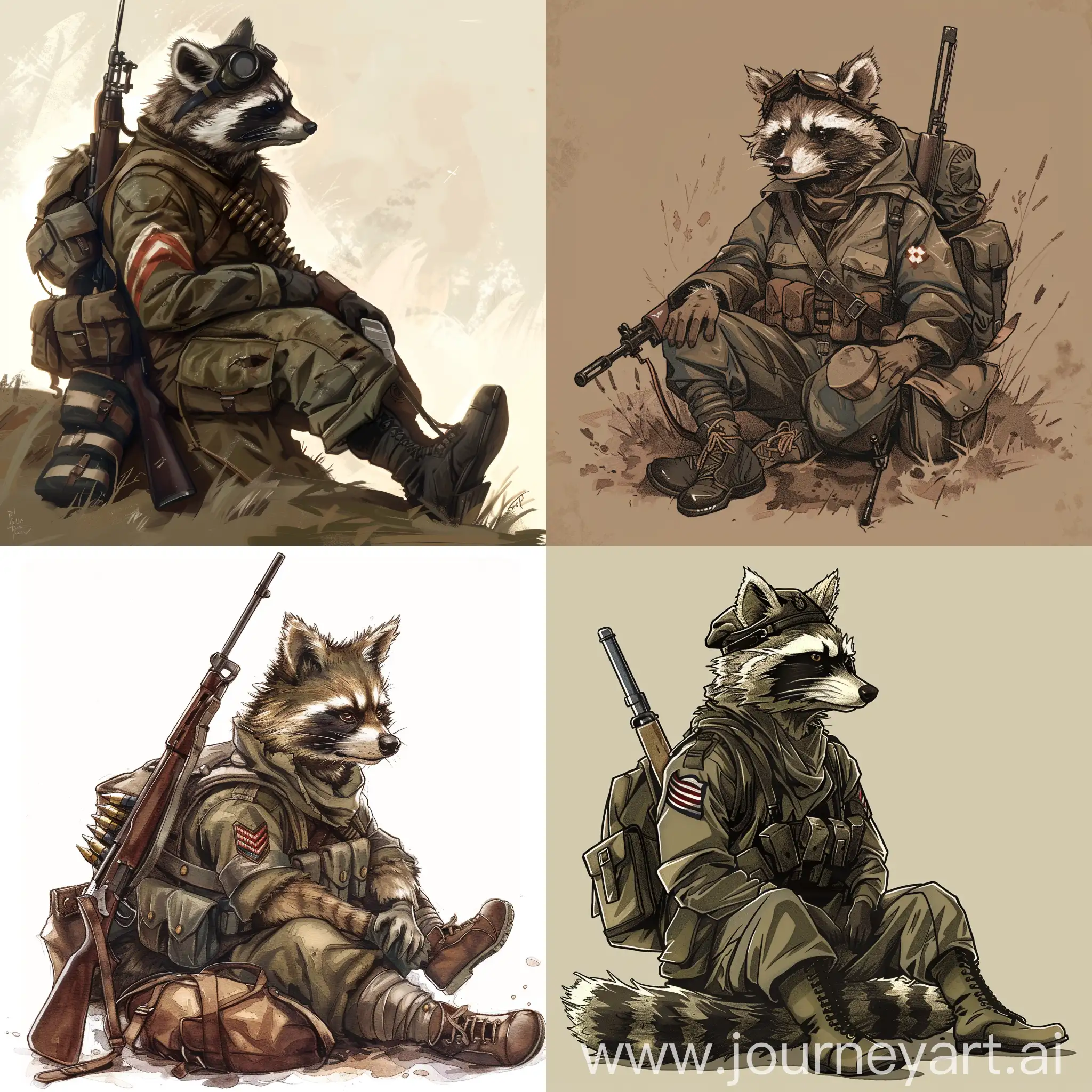 Raccoon warrior soldier world war 2 sitting
