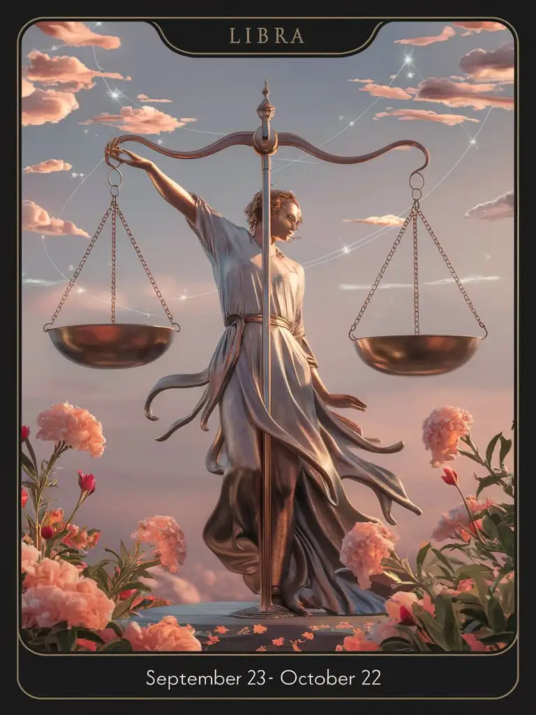 Design a HQ "Title: Libra" tarot card featuring "Subtitle: September 23 - October 22" premium 14PT black card stock authenticated breathtaking 8k 16k visuals /"A balanced scale with two identical pans, often held by a graceful figure, surrounded by clouds, flowers, or a serene sky."/, complex fandom artwork, Add_Details_XL-fp16 algorithm, 3D octane rendering style (3DMM_V12) with the mdjrny-v4 style, infused with global illumination --q 200 --s 275 --ar 3:4 --chaos 500 --w 500