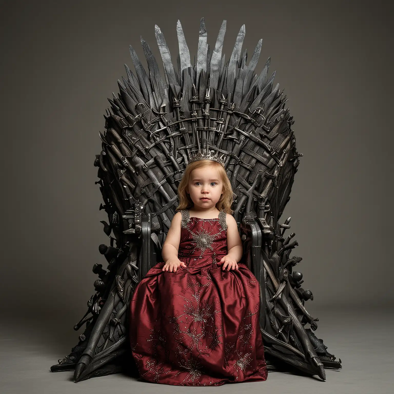 a two-year-old girl sitting on the iron throne from the series game of thrones with a typical dress from the series
