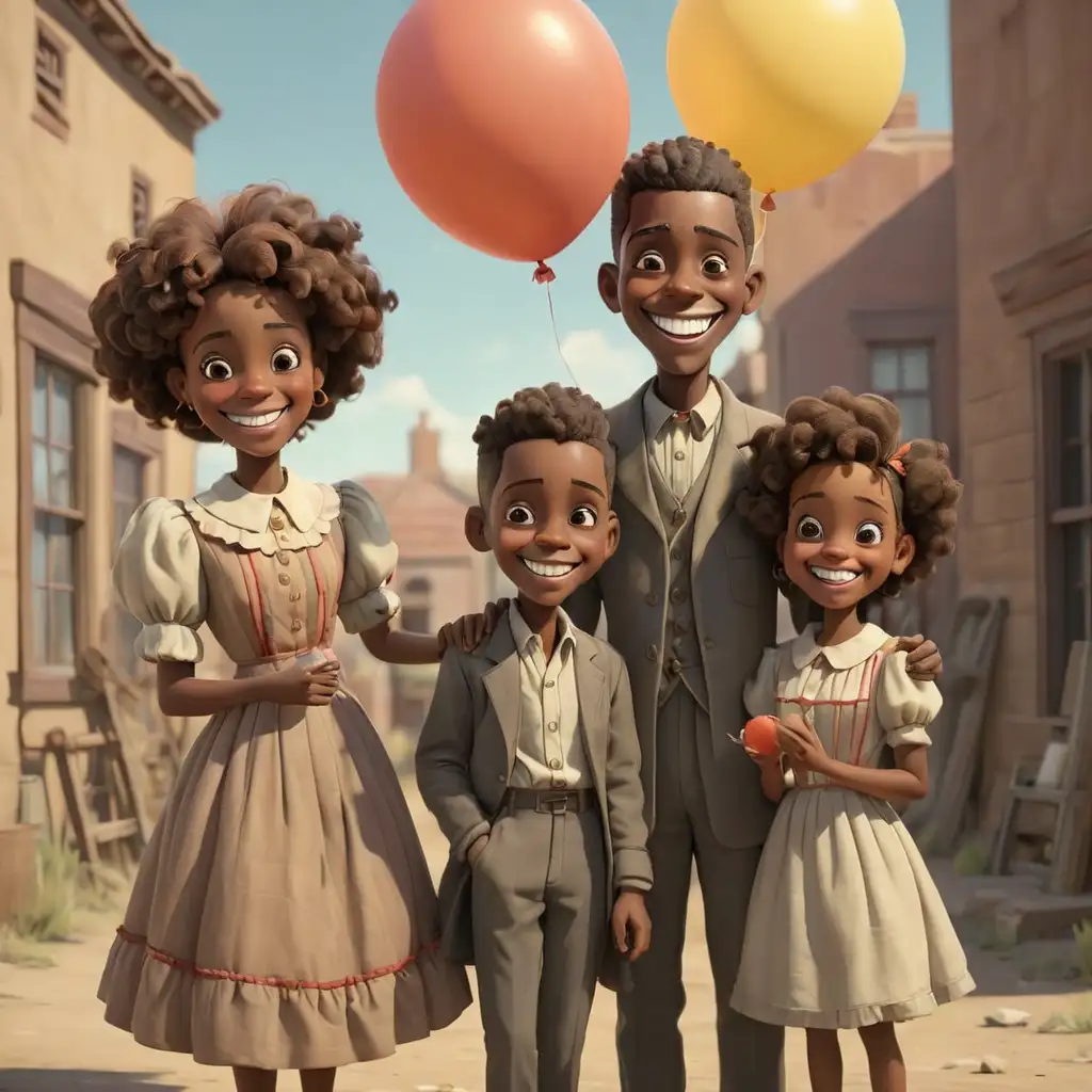 1900s detailed 3D cartoon-style african americans smiling with balloon in the back in new mexico 