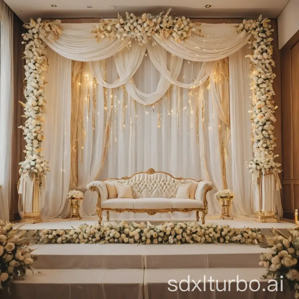 wedding stage. wedding decorative . white and golden materials .  vertical liner lights. flowers. wooden stage .There is a window on the right.