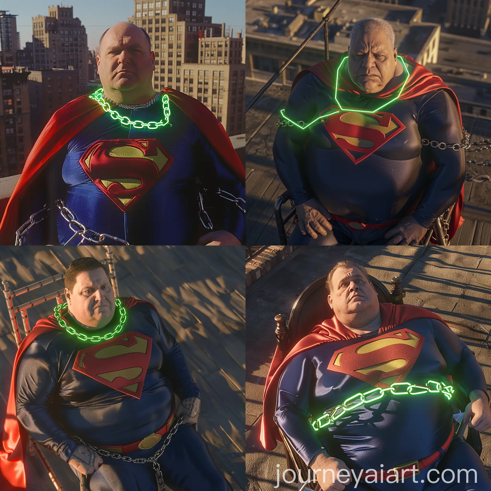 Aerial close-up photo of a overweight afraid man aged 60 wearing a tight silk navy superman costume with a red cape shackled in a chair with green glowing neon chains around the neck. On a sunny rooftop. Clean Shaven. Natural light. --style raw --ar 1:1