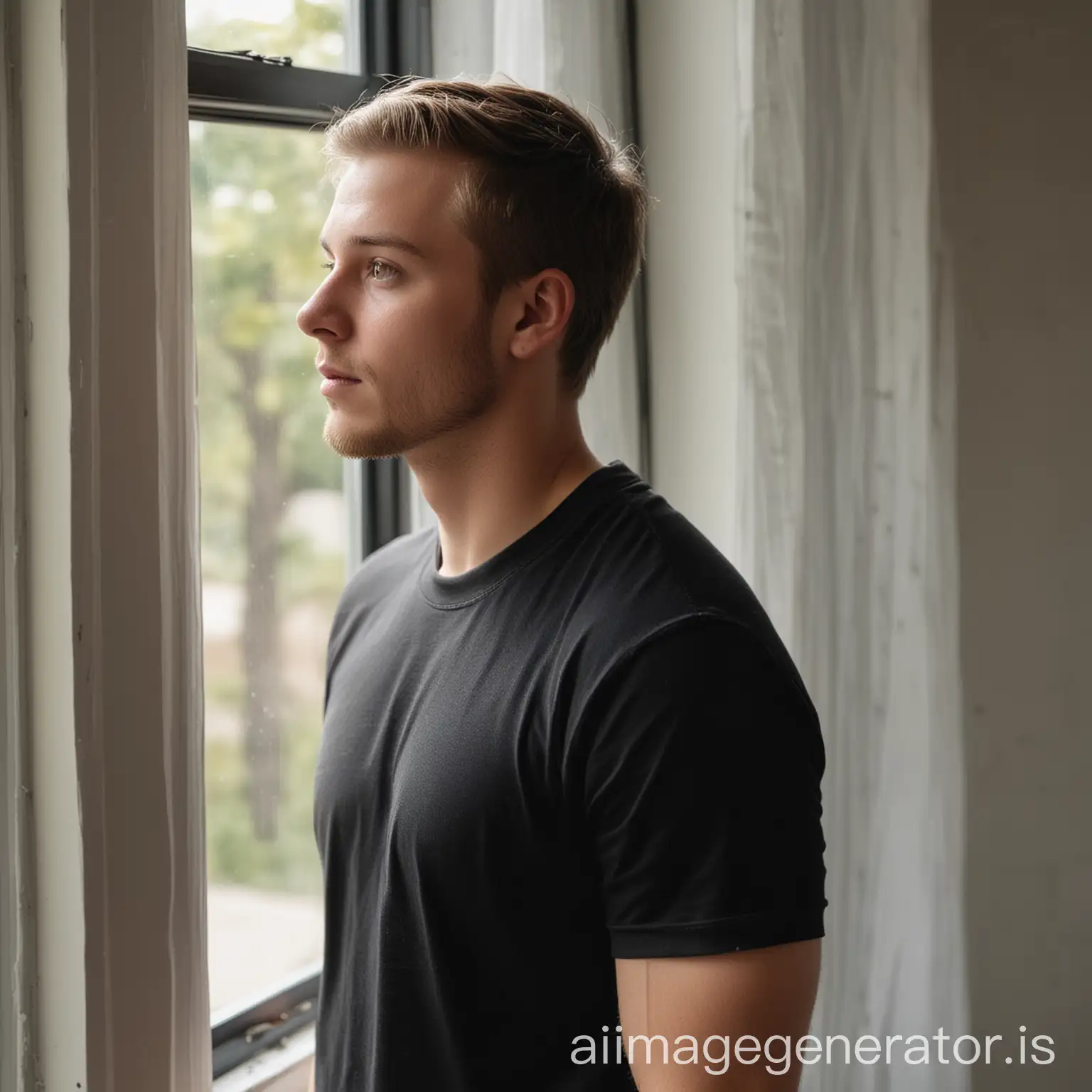 26 years old white american guy wearing black tshirt looking at the window