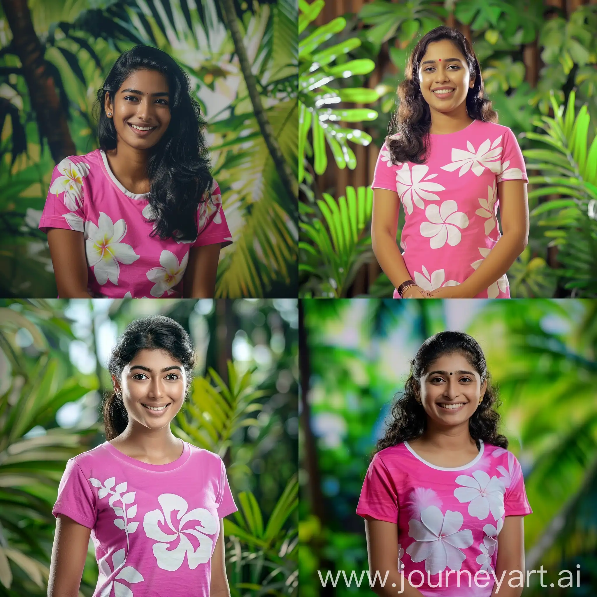 A still photo of an alluring Malayali 18 year old healthy very beautiful, cute and curvy teenage woman in a modern pink and white flower t shirt, smiling, high-definition, creative angle, hyperrealistic 4K resolution, tropical jungle background, waist shot
