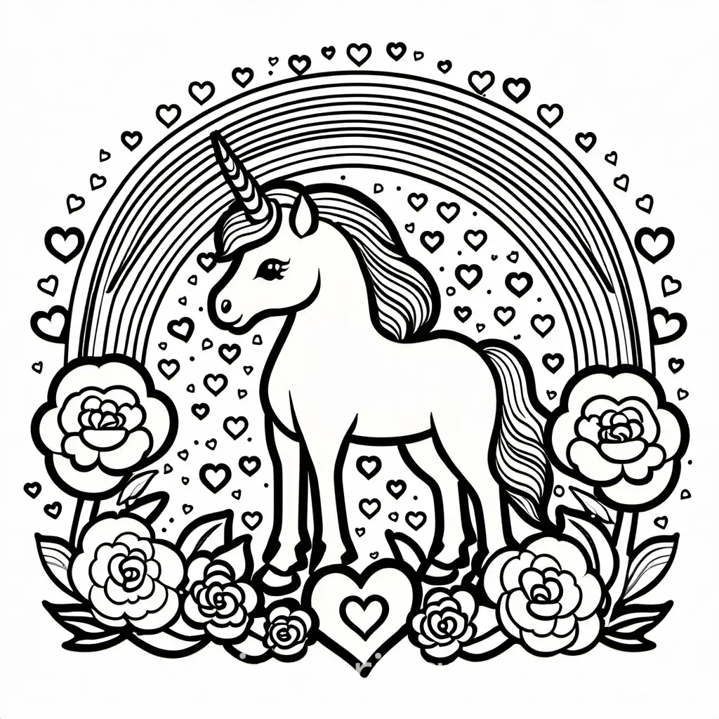 Unicorn with rainbows puppies and hearts, Coloring Page, black and white, line art, white background, Simplicity, Ample White Space. The background of the coloring page is plain white to make it easy for young children to color within the lines. The outlines of all the subjects are easy to distinguish, making it simple for kids to color without too much difficulty