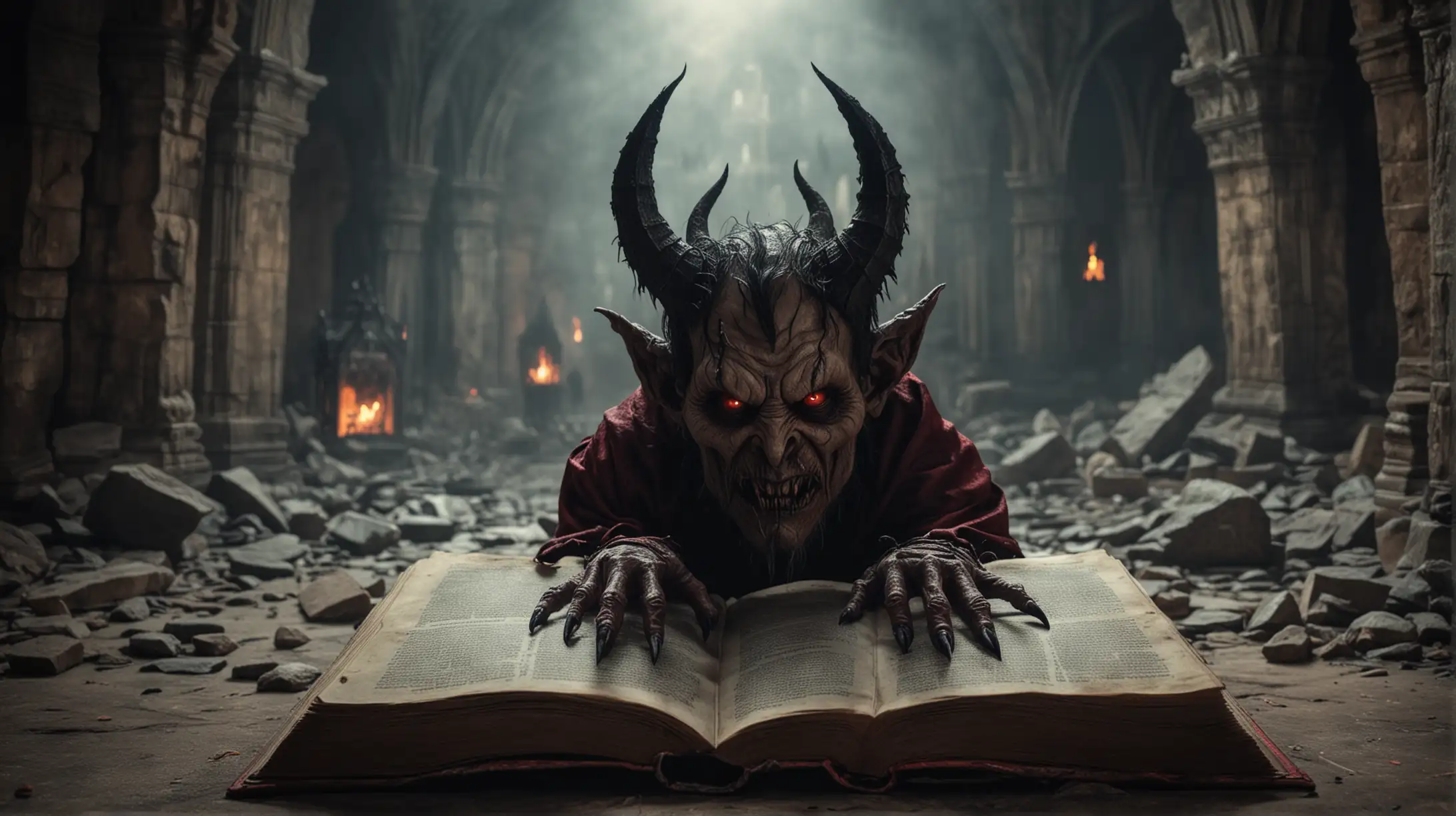 Scary Devil Cover Book in Devils Monastery Closeup 4K Photo