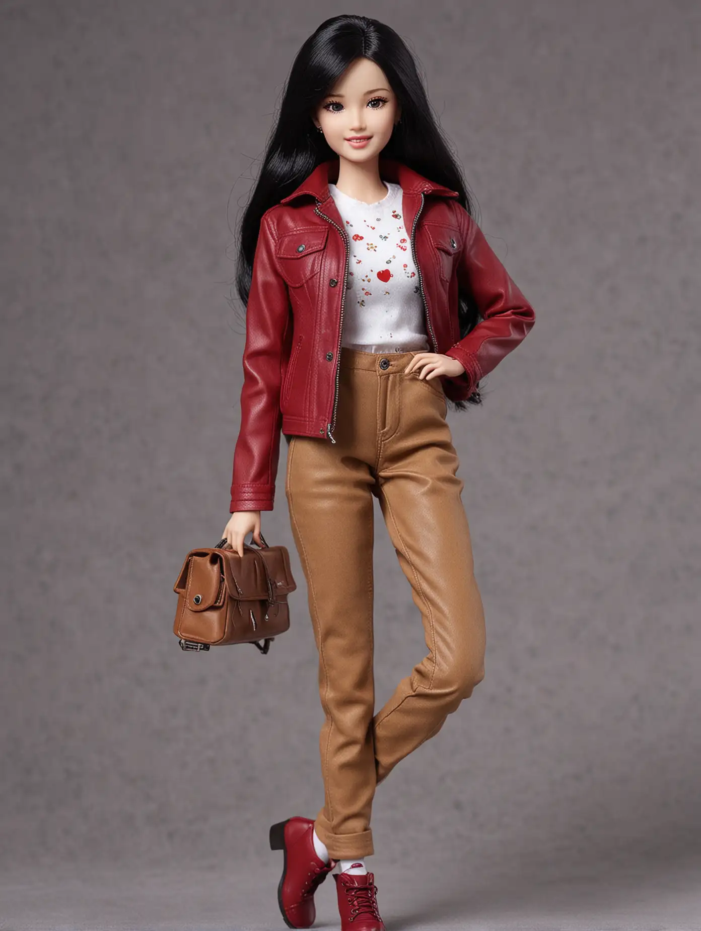 Beautiful teenage Kim Hye-yoon Barbie doll. height 70CM. Black hair. wearing a Maroon Leather Jacket. trousers. Red Shoes. Smile Pose.