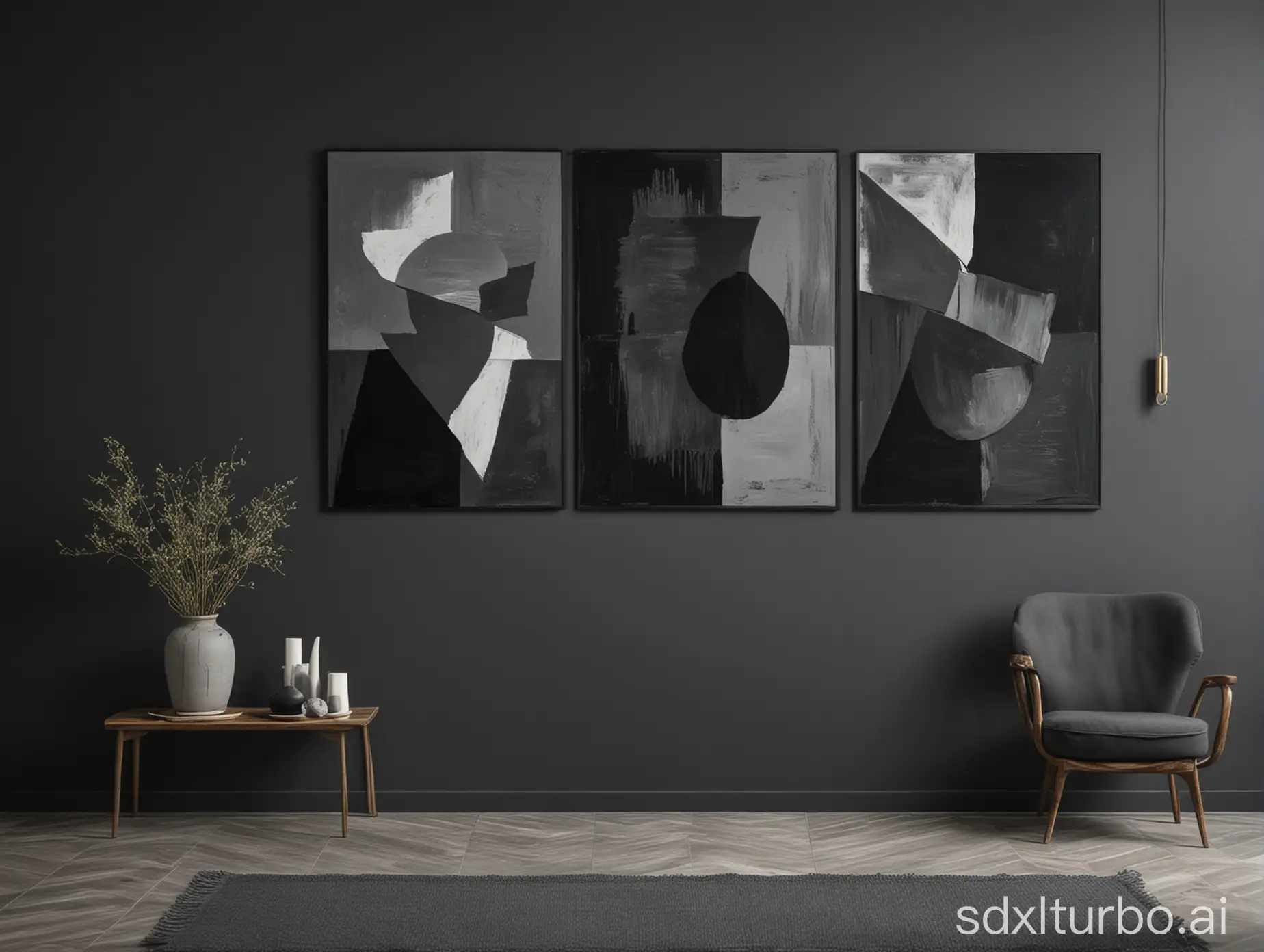 dark grey wall with two moderen art paintings