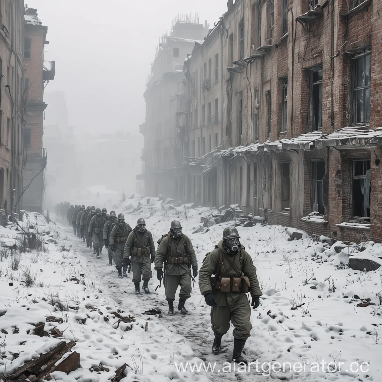 строй русских солдат в противогазах, зима, туман, сломанные здания, вид сверху сбоку, много снега,поношенная форма второй мировой