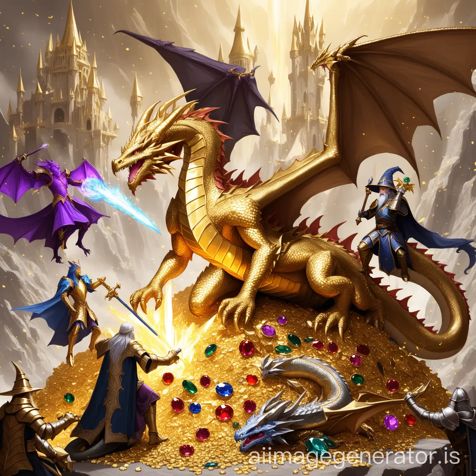 A fantasy dragon sitting on a pile of gold and jewells fighting a wizard and a paladine