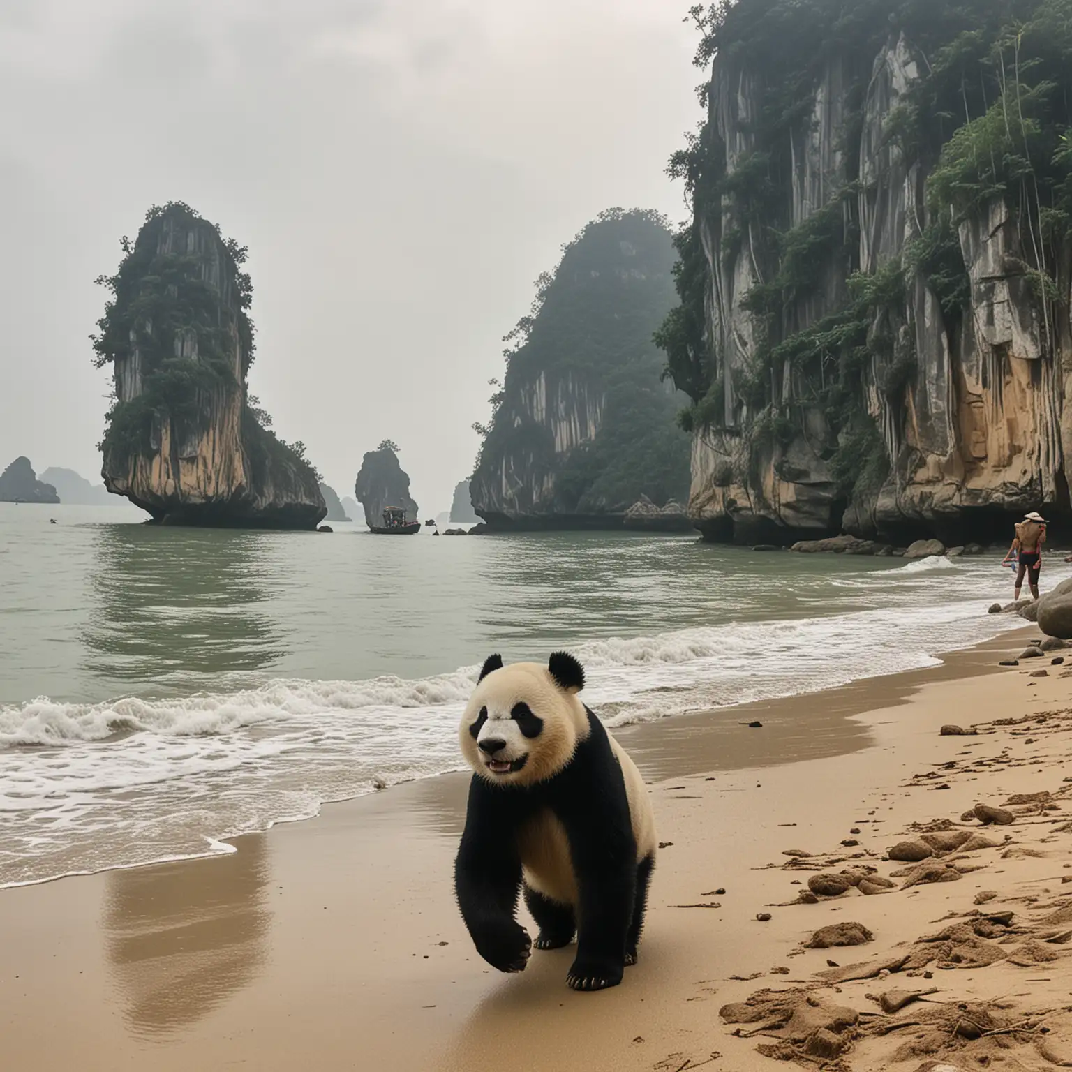 panda traveling in Vietnam, beach, down long bay
