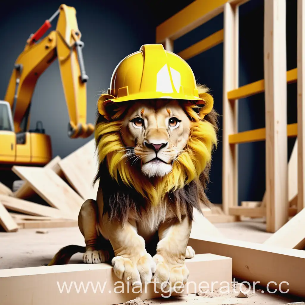 Животное лев в строительной каске 