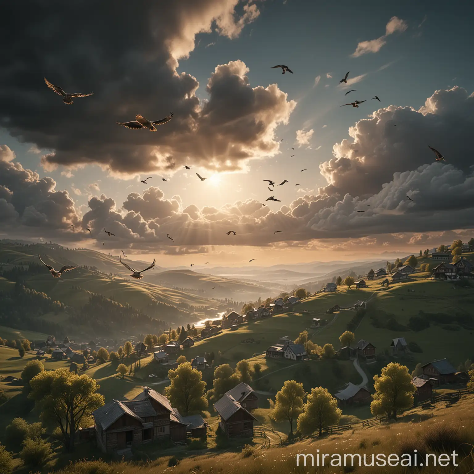 Tranquil Mountain Landscape with Charming Village and Soaring Birds