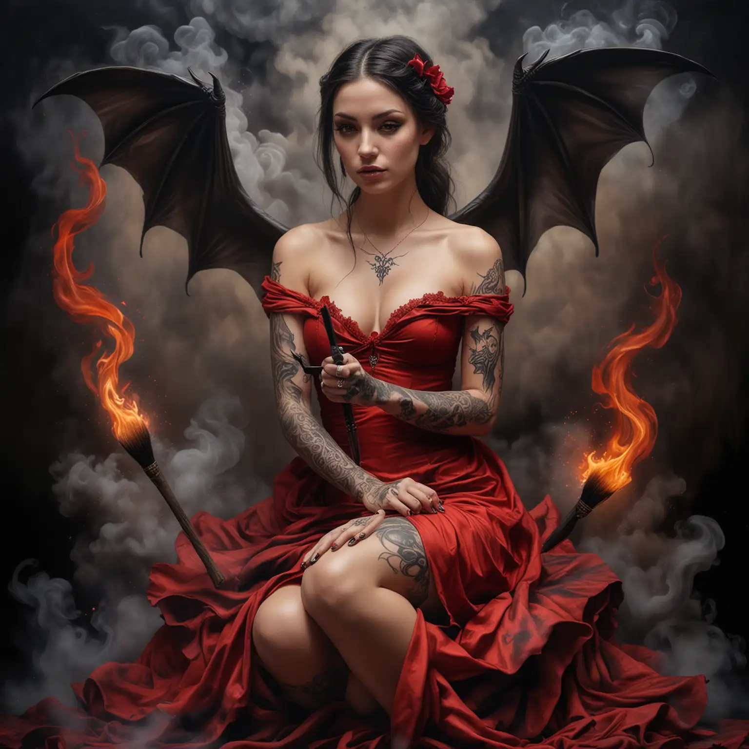 hyper realistic photography
a beautiful tattooed angel, She is a tattoo artist and wearing a red  dress while she has black bat wings, seated on cloud of smoke and flames While hold painting brush in her hand and performing a painting on canvas
good rendering 