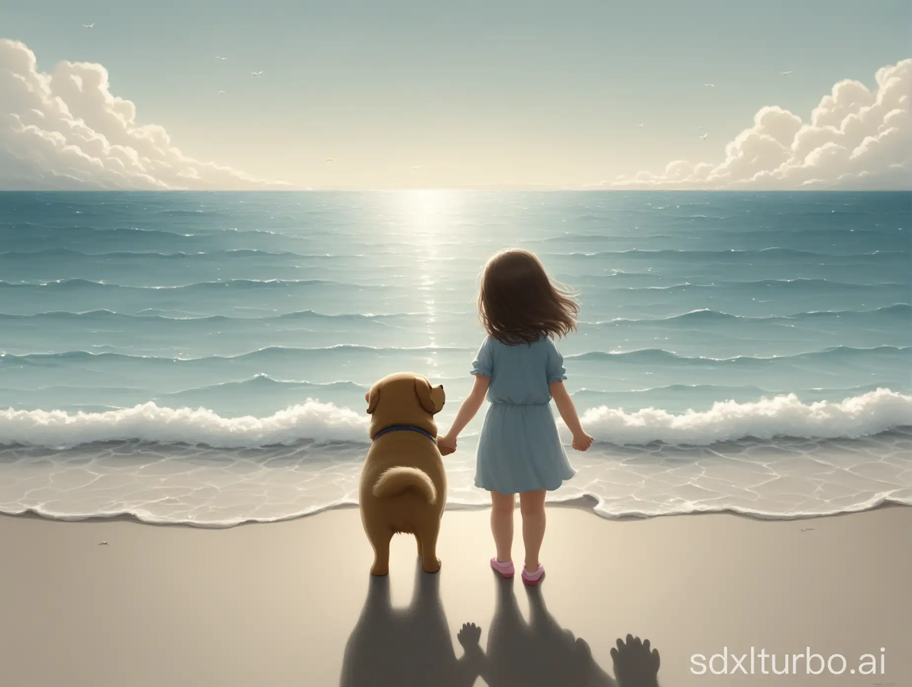 little girl and chubby dog holding hands facing the sea